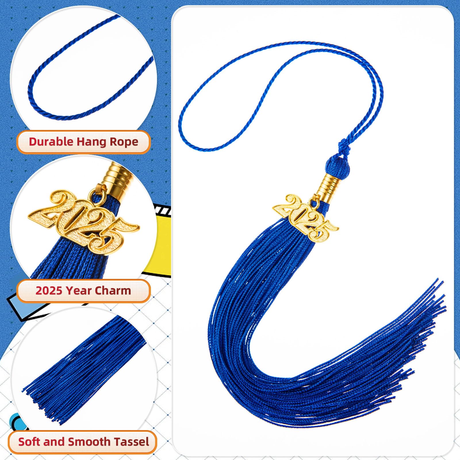 12 Pack 2025 Graduation Tassels with Charm - Blue Cap Decorations for Graduation Ceremony & Party Supplies - Perfect for High School and College Commencement Celebrations