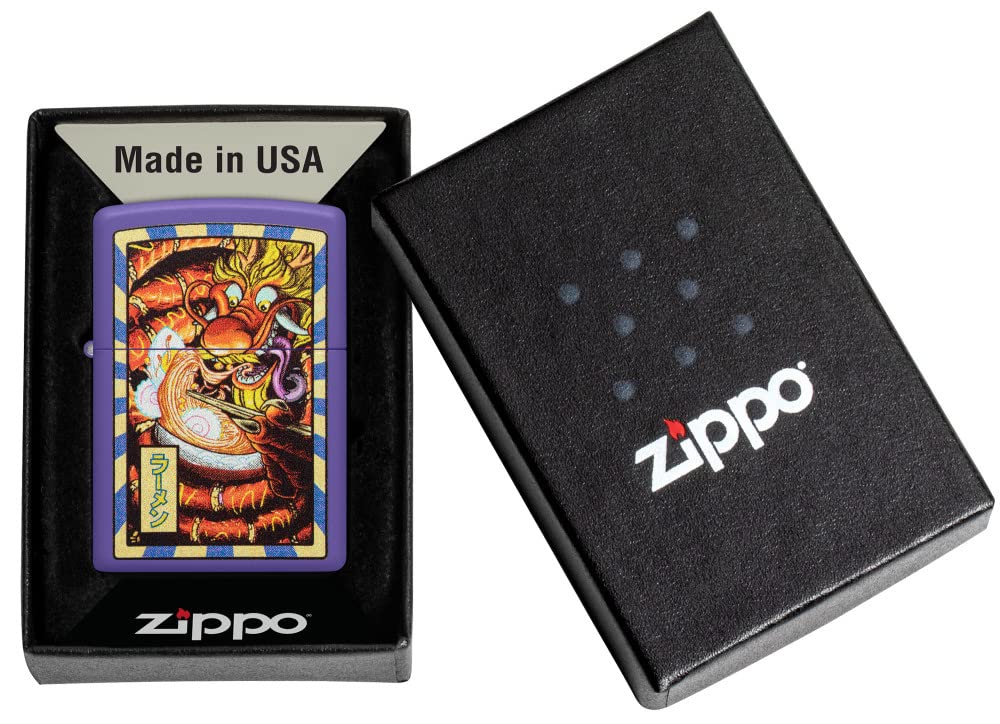 Zippo Purple Matte Pocket Lighter with Dragon Design - Windproof Refillable Lighter for Camping, Hiking, Outdoor Adventures & Everyday Carry (Ramen Themed Collectible)