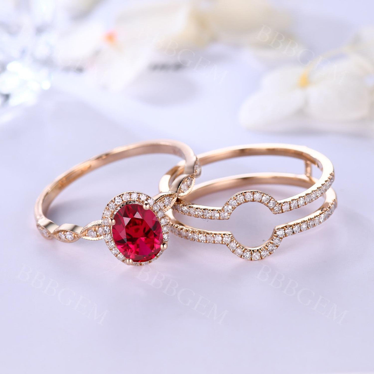 Rose Gold Diamond Halo Lab Ruby Engagement Ring Set With Euro Open Shank Double Band - Elegant Wedding Jewelry for Brides, Anniversary Gifts & Romantic Proposals