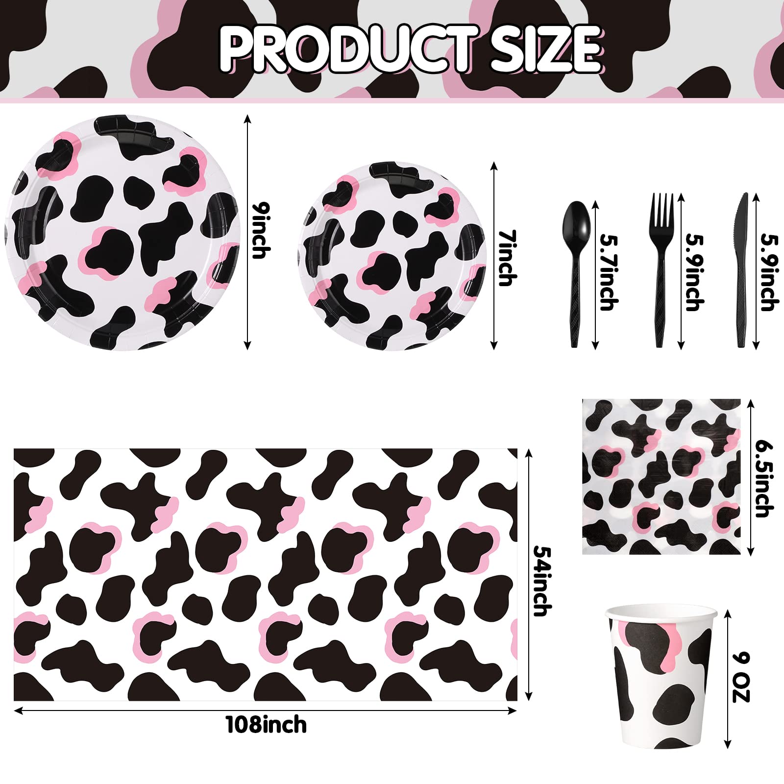 171-Piece Pink Cow Print Party Supplies Set - Plates, Cups, Napkins, Cutlery (24 Settings) with Banner & Tablecloths - Perfect for Cow-Themed Birthday, Baby Shower & Farm Animal Decorations (Great for Kids' Parties, Gender Reveals & Western-Themed Events)