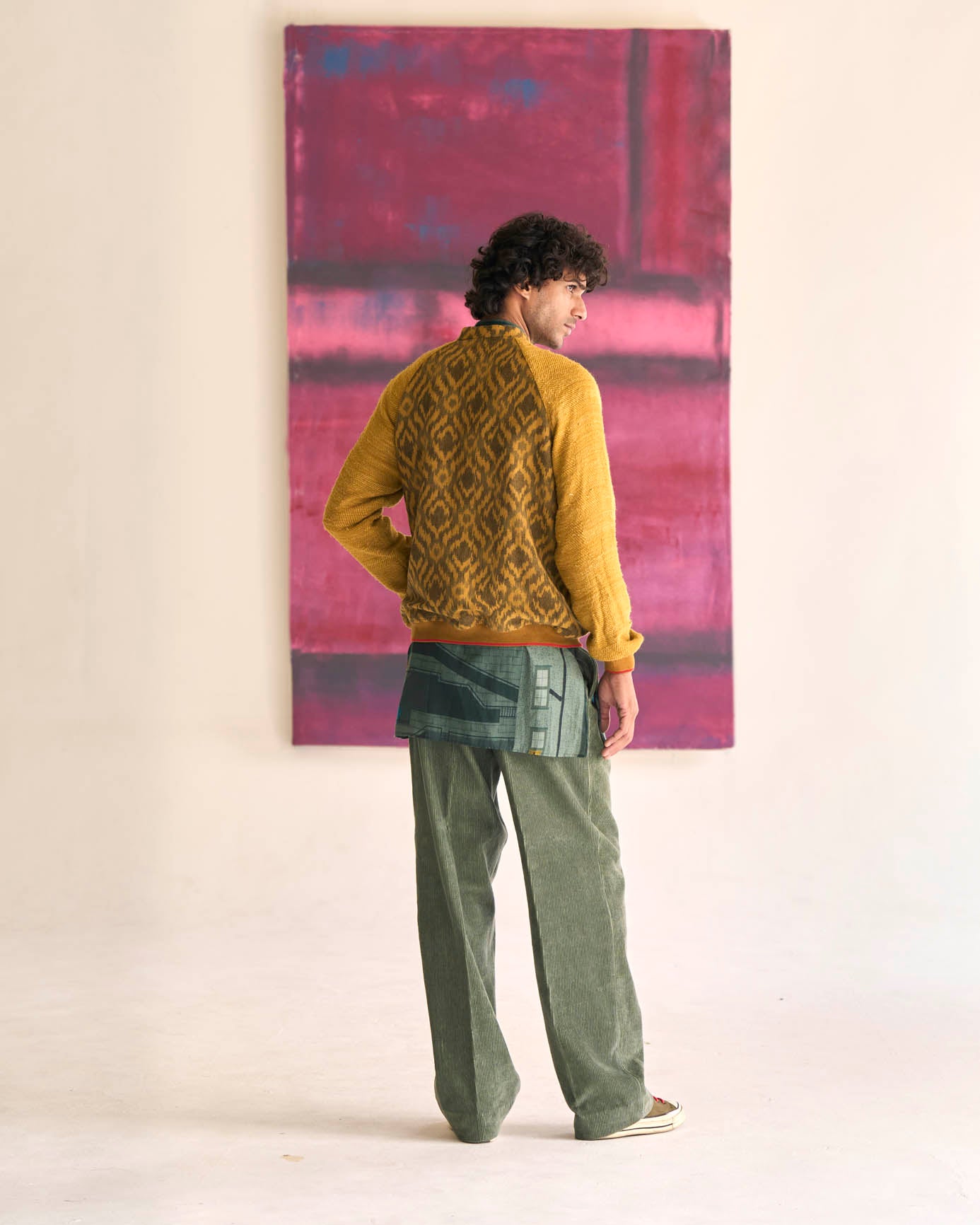 Jaanbaaz Bomber Jacket - Cotton Eri Silk Mustard Ikat Print - Stylish Lightweight Coat for Men & Women - Perfect for Casual Wear, Street Fashion & Fall Layering