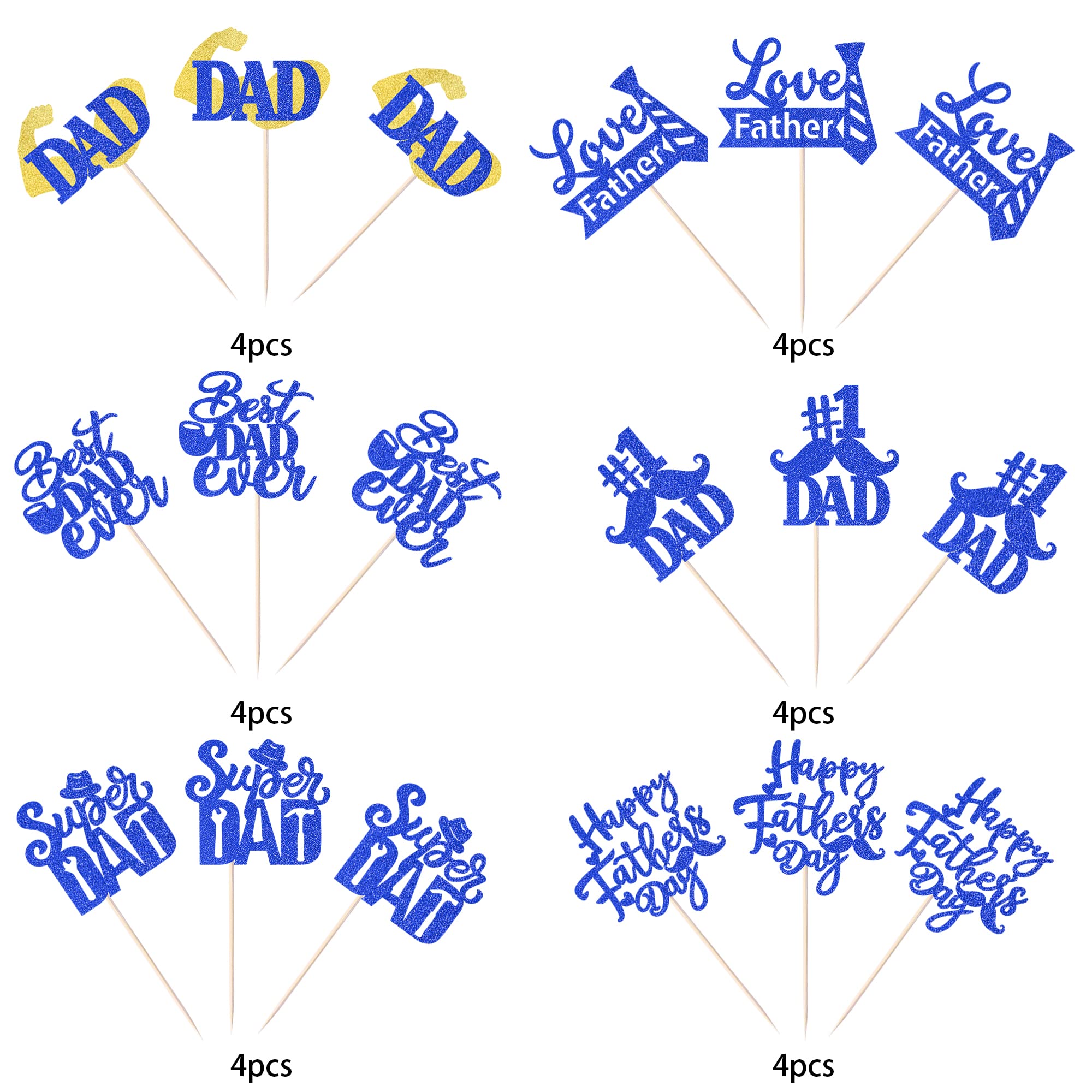 24 Pack Happy Father's Day Cupcake Toppers - Glitter Best Dad Ever Cake Decorations with #1 Dad, Tie, Mustache & Hat Designs - Perfect for Father's Day Parties, Men's Birthday Celebrations & DIY Cake Decorating