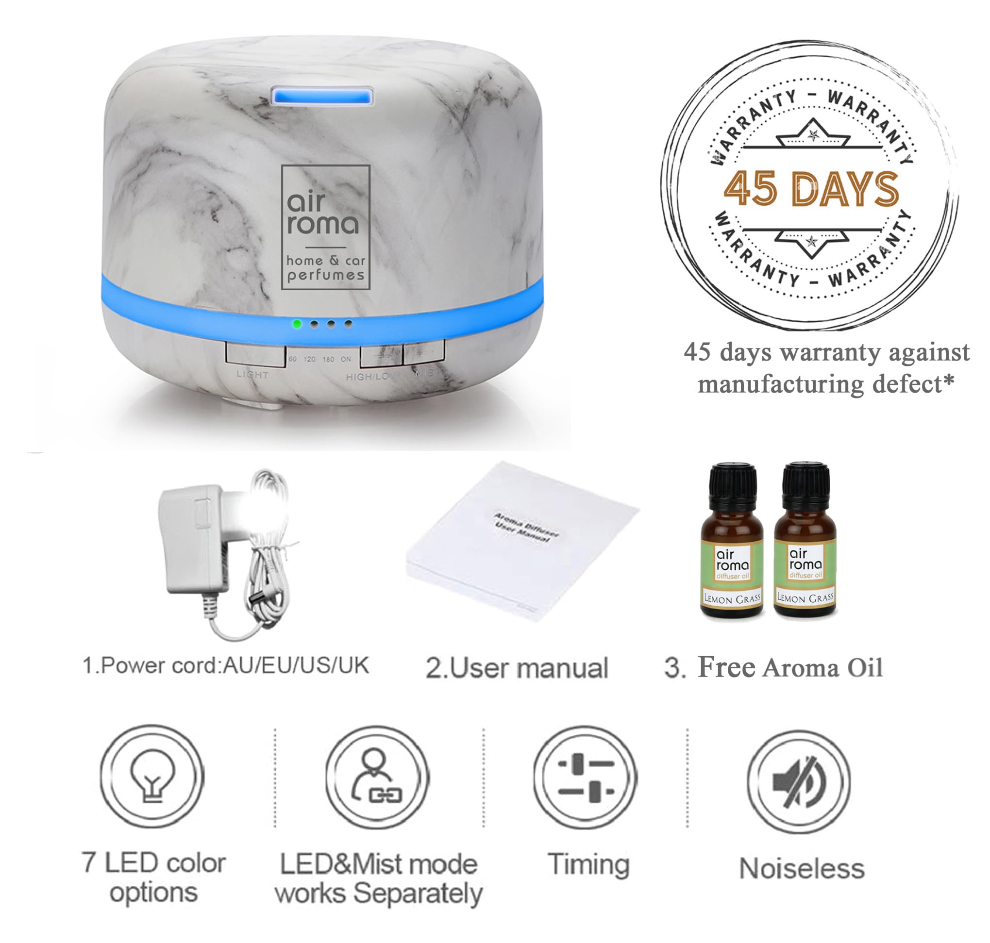 AIR-ROMA 500Ml Ultrasonic Aroma Diffuser with Essential Oils - 7 Color LED Lights, Auto Shut-Off | Electric Aromatherapy Humidifier for Home, Office, Yoga & Spa Relaxation | Lemongrass Oil Included