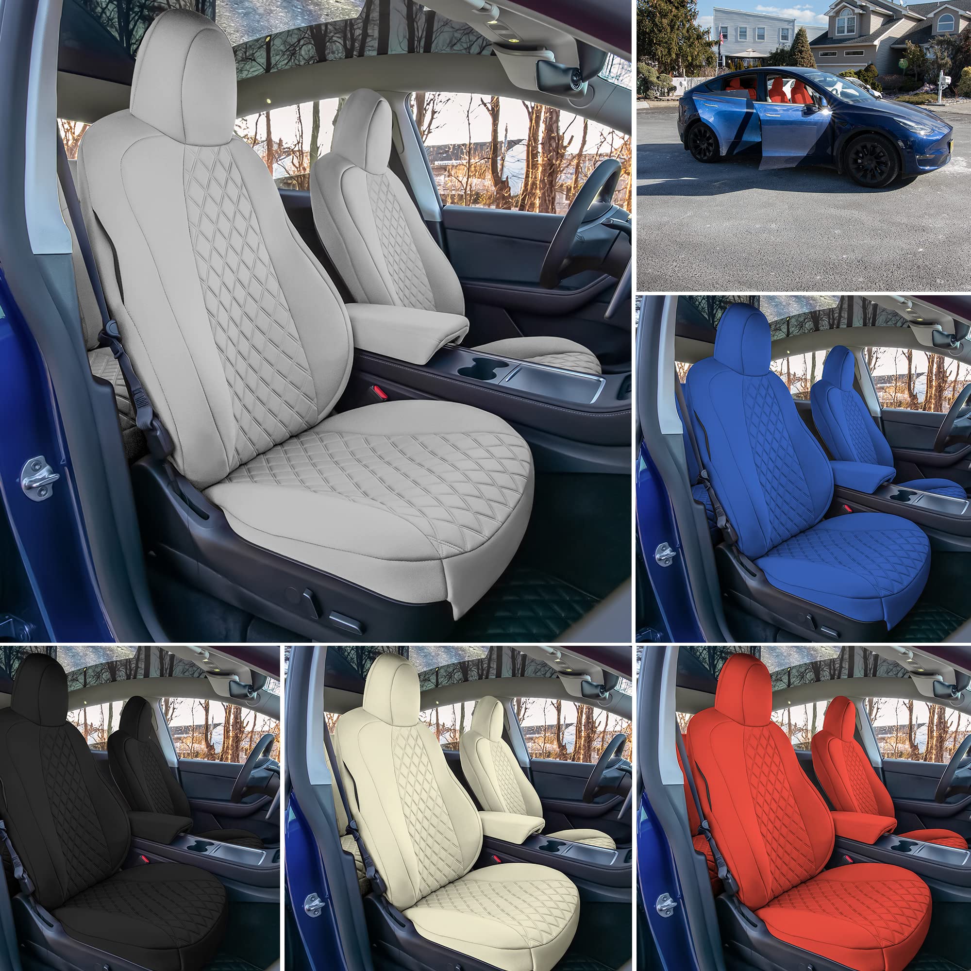 FH Group Custom Fit Neoprene Seat Covers for Tesla Model Y 2020-2024 - Water Resistant Front Seat Covers Set in Beige | Perfect for Road Trips, Daily Commutes & Pet Protection