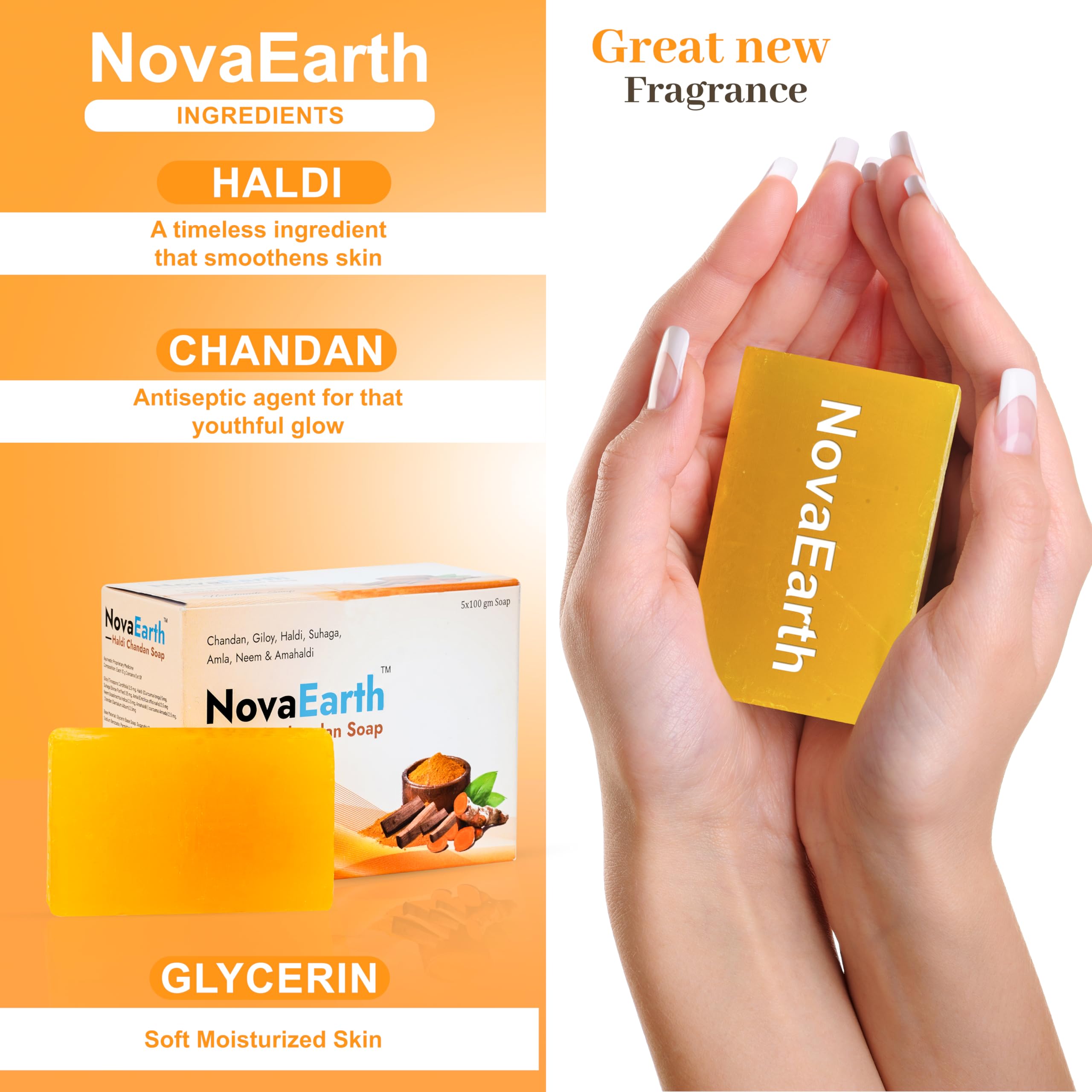 NovaEarth Haldi Chandan Ayurvedic Bathing Soap - Glycerin Base with Giloy, Suhaga, Amla, Neem & Amahaldi | Handmade Herbal Soap for All Skin Types | Anti-Aging, Moisturizing & Cleansing | 5-Pack (100g Each, Total 500g) | Perfect for Daily Skincare & Ayurvedic Wellness Routine