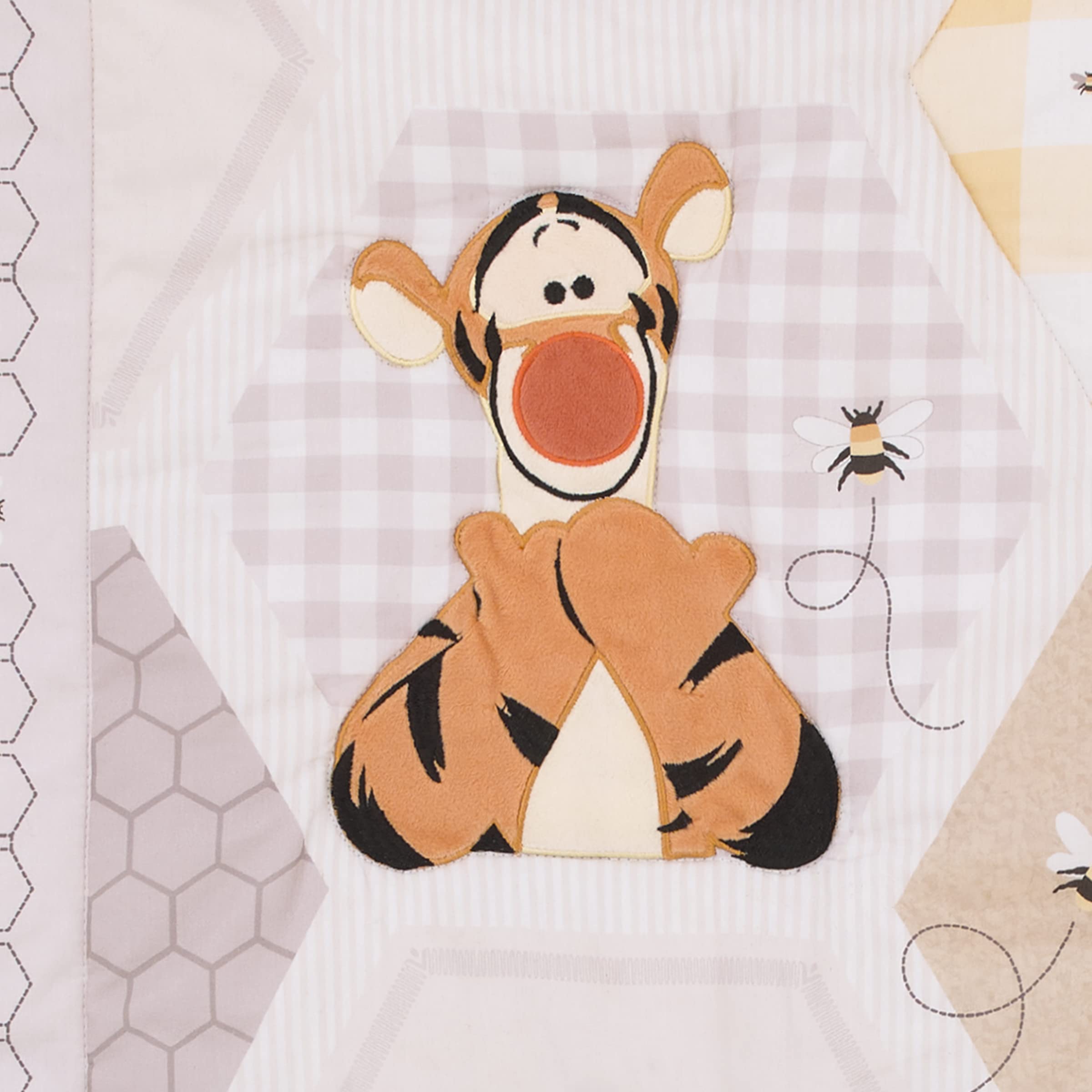 Disney Winnie The Pooh 3-Piece Crib Bedding Set - 100% Cotton Comforter, Fitted Sheet & Skirt with Piglet, Tigger & Eeyore | Grey White Tan Patchwork Nursery Decor | Perfect for Baby Shower Gifts & Cozy Nursery Themes