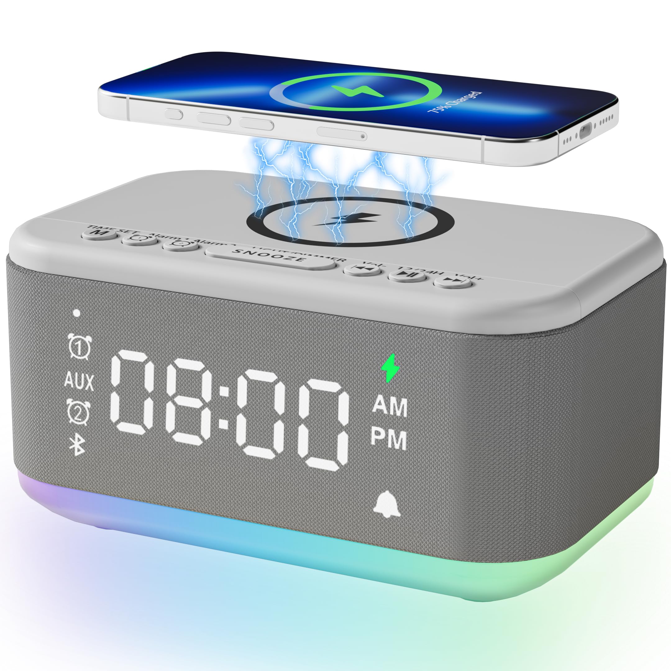Wireless Charging Alarm Clock with Bluetooth Speaker - Digital LED Display, Dimmable RGB Night Light, Dual Alarm & Snooze - Perfect for Bedroom, Office, Travel (12/24H, USB/AUX, Gray A21-B)
