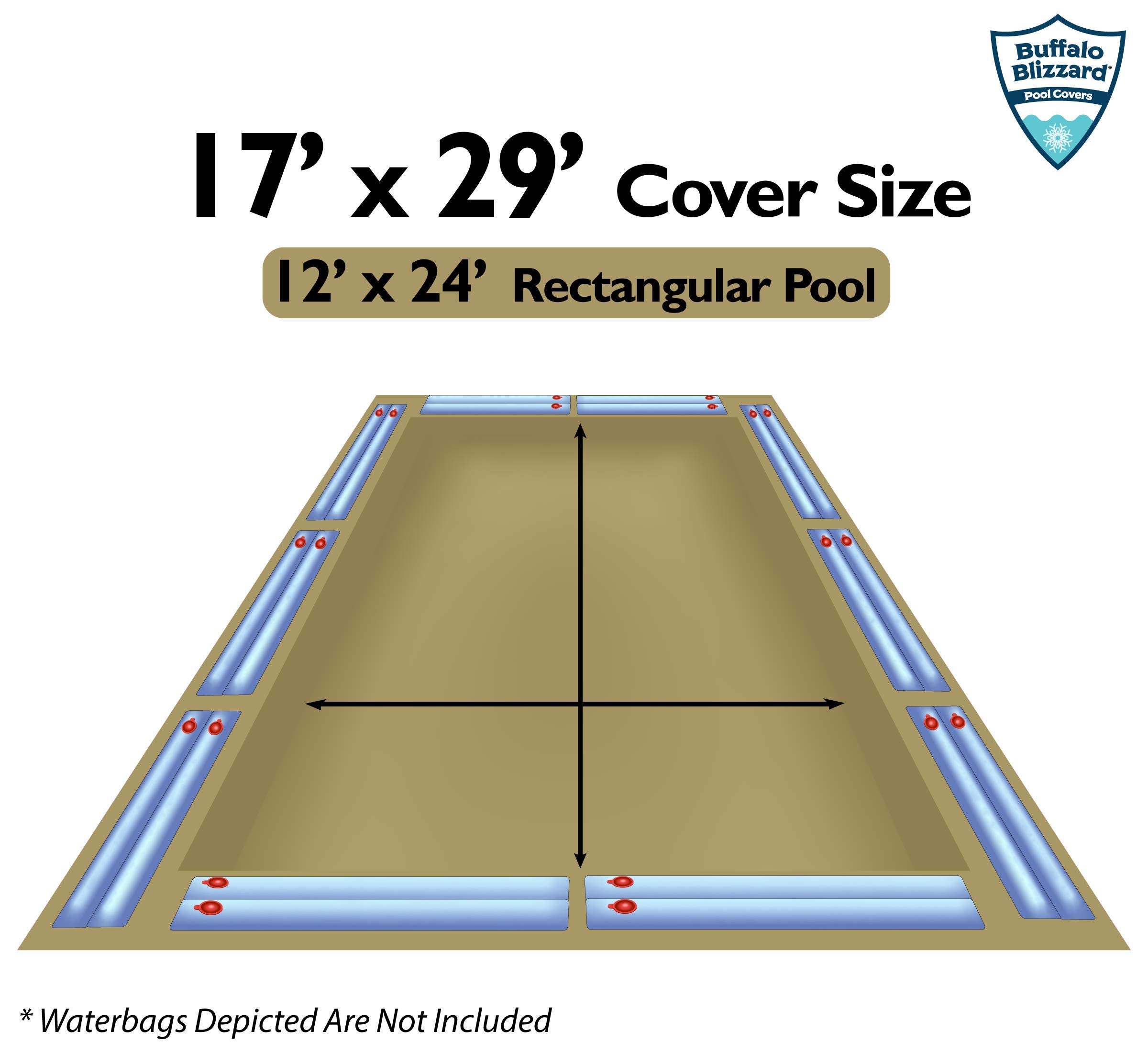 Buffalo Blizzard Supreme Plus Winter Pool Cover with Water Bags Kit - Fits 12x24 ft Rectangle In-Ground Pools (17x29 ft with 5ft Overlap) | Tan/Silver | Heavy Duty Protection for Harsh Winters | Perfect for Snowy Climates & Freezing Temperatures