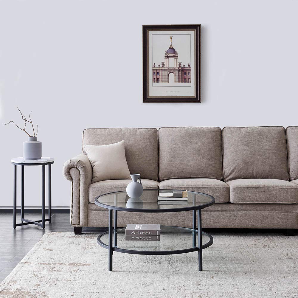 Modern Round Glass Coffee Table with 2-Tier Tempered Glass & Metal Frame - Black Living Room Center Table with Storage Shelf for Dining Room, Tea Time, and Home Décor - Perfect for Small Spaces and Contemporary Interiors