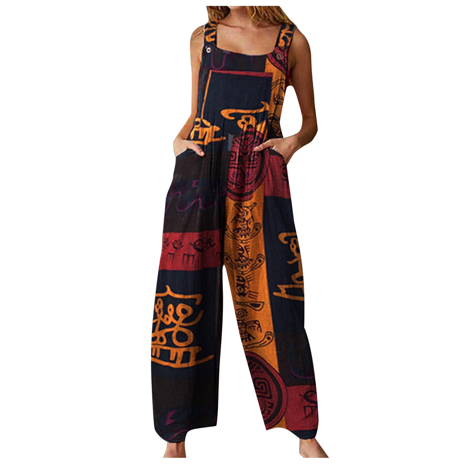 Printed Ethnic Jumpsuit for Women - Vintage Suspender Patchwork Button Style Fashion Overalls | Boho Chic Outfit for Summer Festivals, Beach Vacations & Casual Streetwear