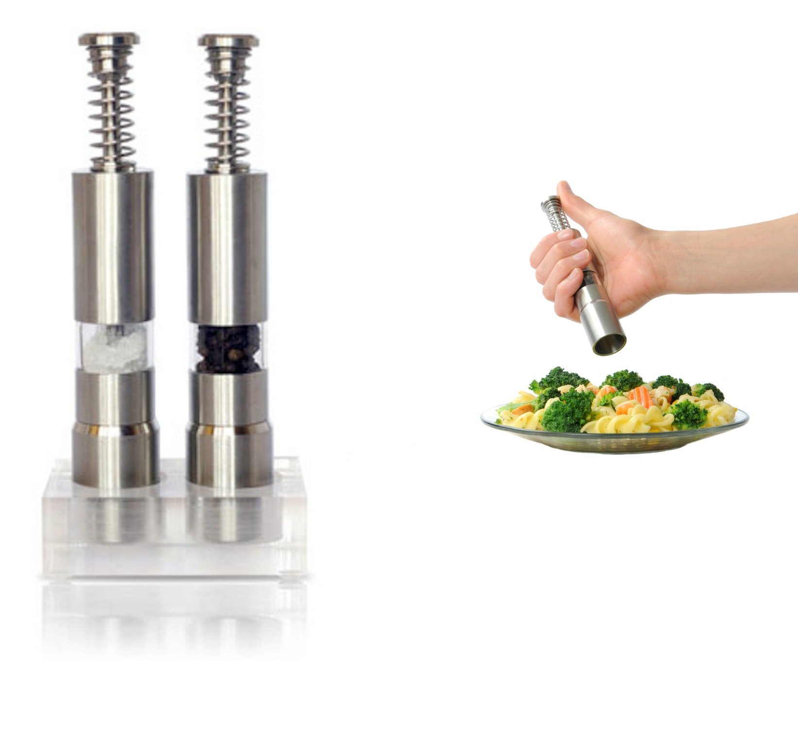 Premium Stainless Steel Salt and Pepper Grinder Set - Refillable, Adjustable Coarseness, Spring Action Thumb Press for Easy Grinding - Perfect for Kitchen, Dining Table & Outdoor BBQ Use