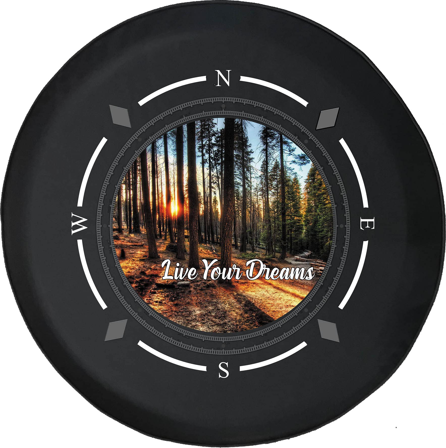 Premium American Unlimited Spare Tire Cover with Compass Design - 'Live Your Dreams' Pine Tree Forest & Sunwheel Pattern - Universal Fit for SUVs, Trailers, RVs & Most Vehicles - Perfect for Road Trips, Camping & Outdoor Adventures