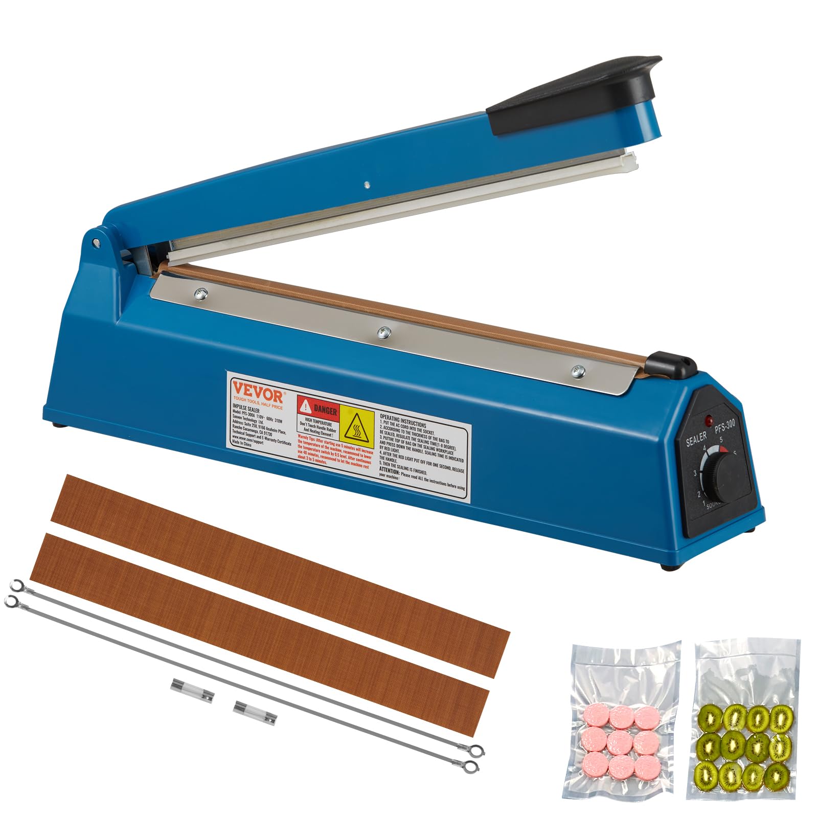 VEVOR 12 Inch Manual Impulse Sealer - Adjustable Heat Sealing Machine for Plastic Bags (Mylar, PE, PP) | Portable Shrink Wrap Bag Sealer with Extra Replacement Kit | Ideal for Food Packaging, Pharmacy, and E-commerce Shipping