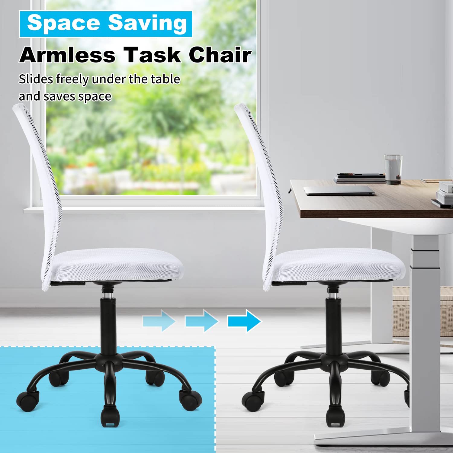 Ergonomic Armless Office Chair - Adjustable Height Mesh Computer Desk Chair with Lumbar Support, Rolling Swivel Task Chair for Small Spaces, White | Perfect for Home Office, Gaming & Workspace