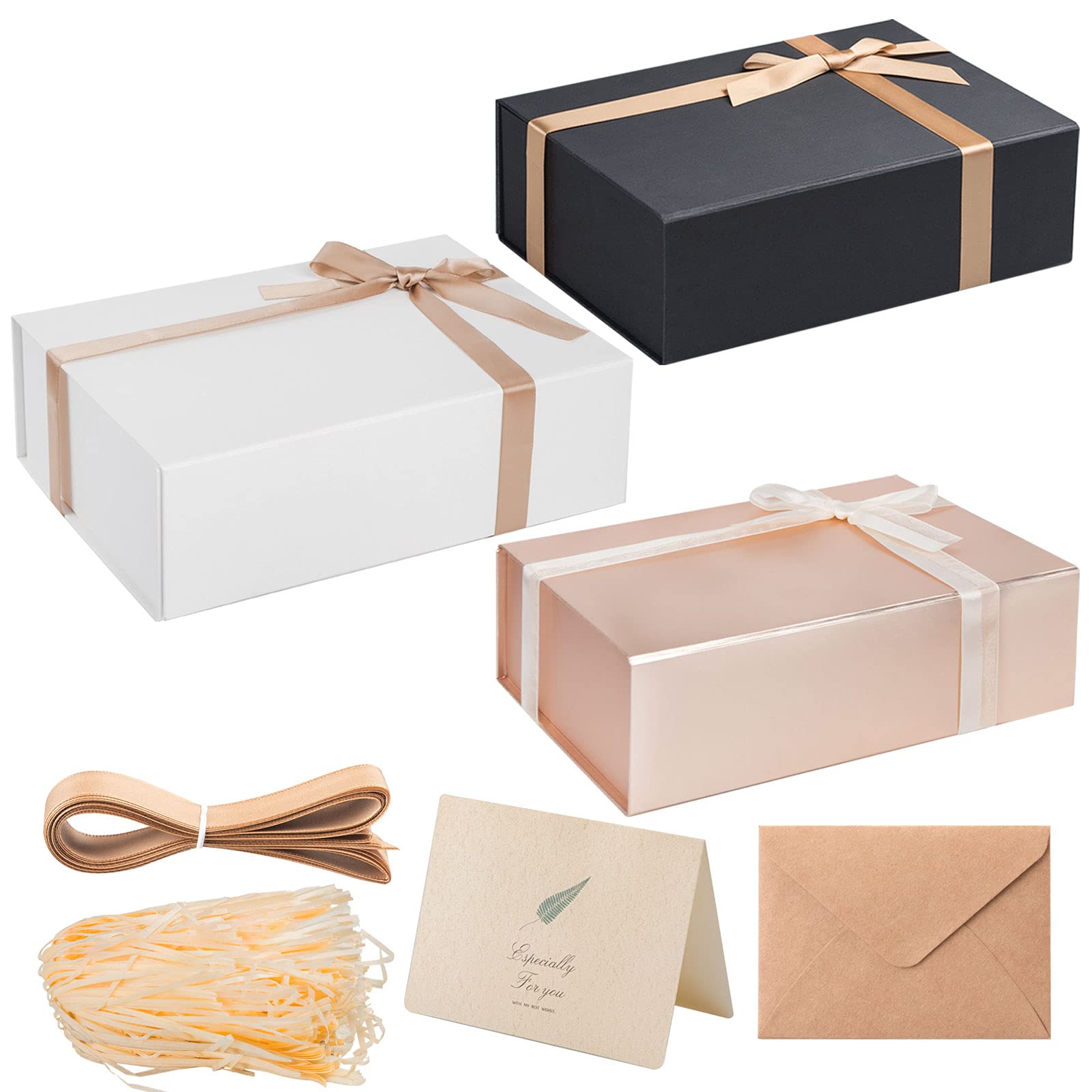 LIFELUM 2 Pack Large Gift Box Set - 11 x 8 x 4 Inches Black Magnetic Closure Gift Box with Lid, Includes Greeting Card, Ribbon & Paper Filler - Perfect for Groomsmen Gifts, Wedding Favors, Birthday Presents & Holiday Gift Wrapping