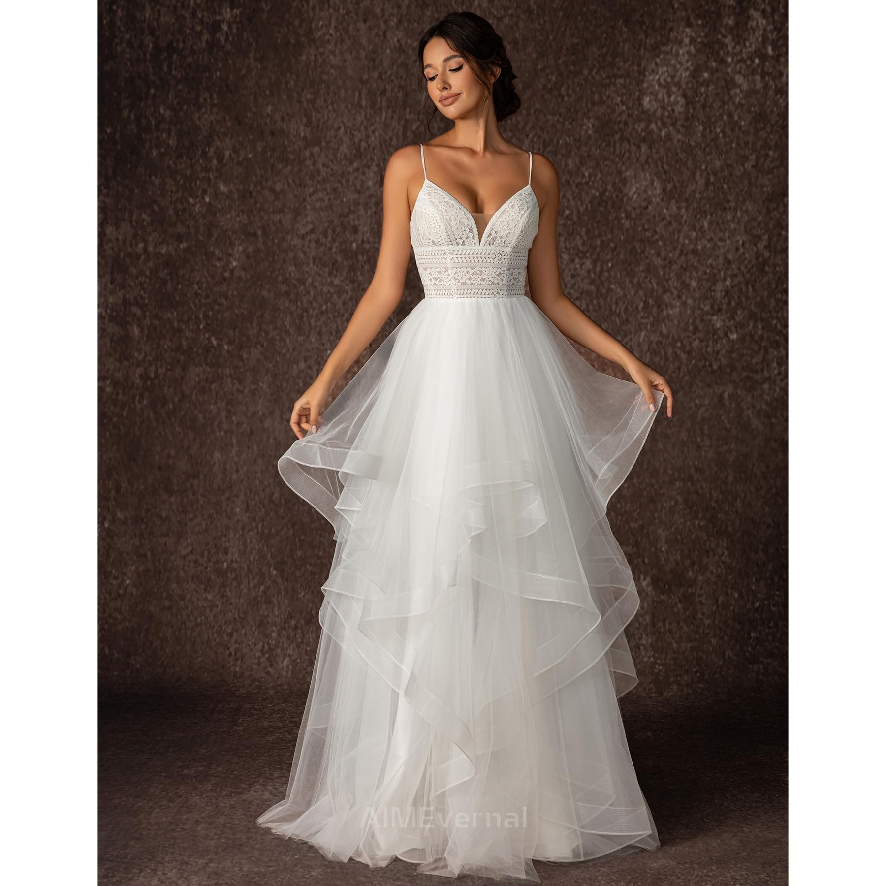 Boho Tiered Tulle Wedding Dress for Women - V Neck Adjustable Strap Slip Dress, Sexy Beach Bridal Gown for Outdoor Ceremony & Destination Weddings