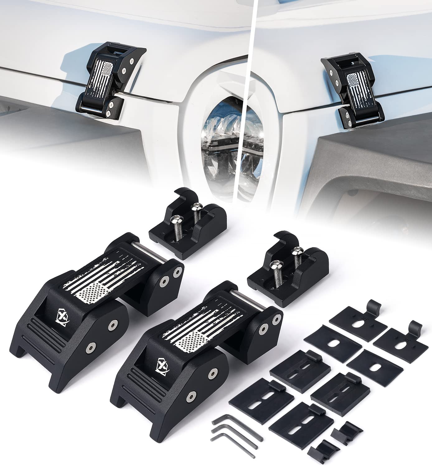 Xprite Aluminum Hood Latches with Retro Flag - Adjustable Hood Latch Catches Kit for 2007-2025 Jeep Wrangler JK JKU JL JLU & 2020+ Gladiator JT (1 Pair) - Heavy Duty Off-Road Accessories for Adventure & Trail Riding