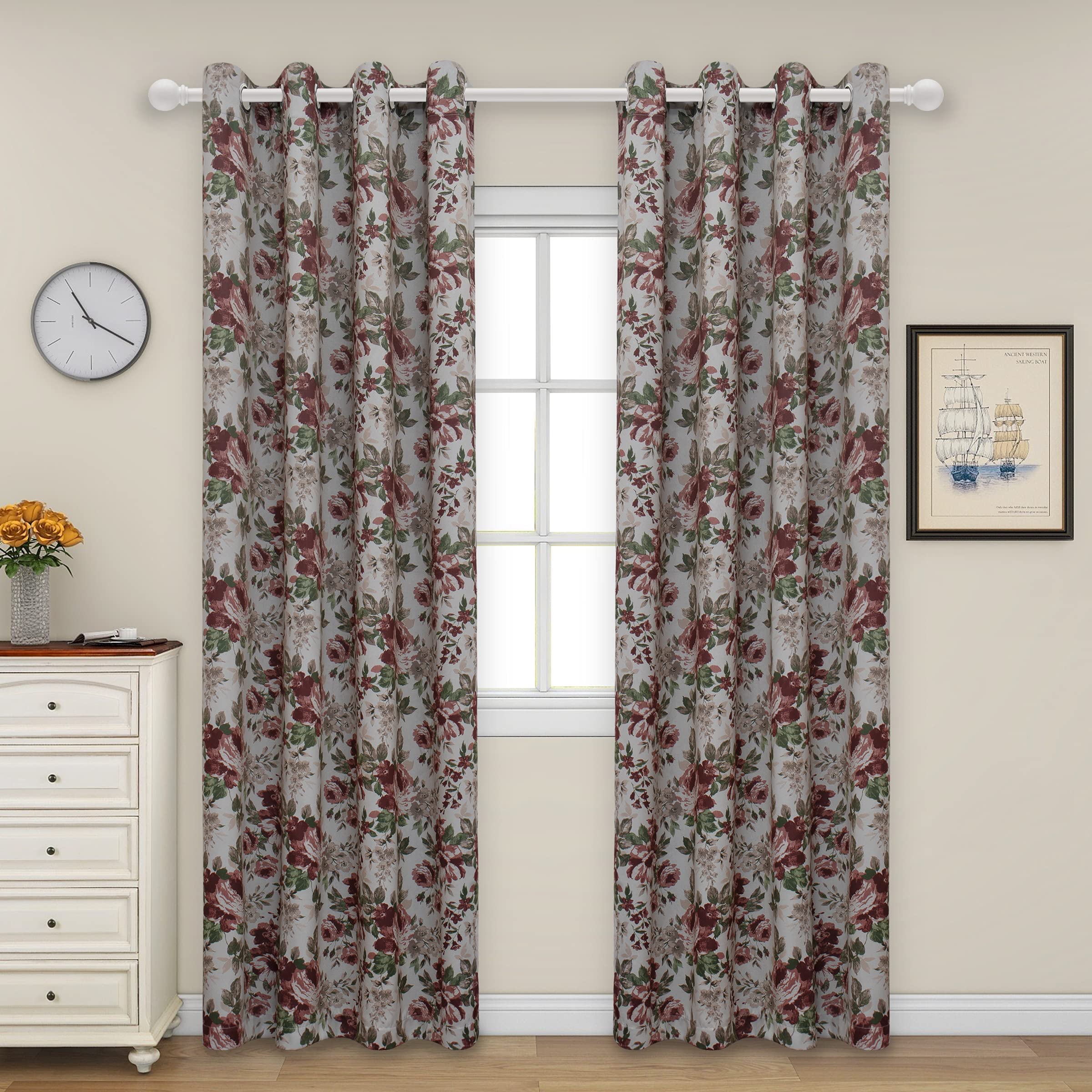 Floral Print Blackout Curtains 63 Inch Length - Thermal Insulated Room Darkening Window Drapes with Grommet Top for Bedroom, Living Room & Nursery (Set of 2 Panels, Gray) - Perfect for Light Sleepers, Home Theater & Daytime Napping