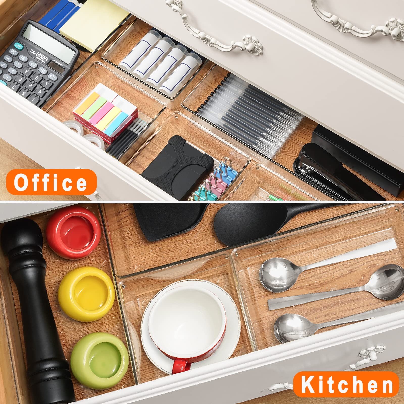 Criusia 8-Piece Clear Plastic Drawer Organizer Set - Bathroom Vanity Trays & Dividers for Makeup, Jewelry, Office Supplies | Non-Slip Storage Bins for Kitchen, Bedroom, Fridge & Desk Organization | Perfect for Home, Office & Travel Use