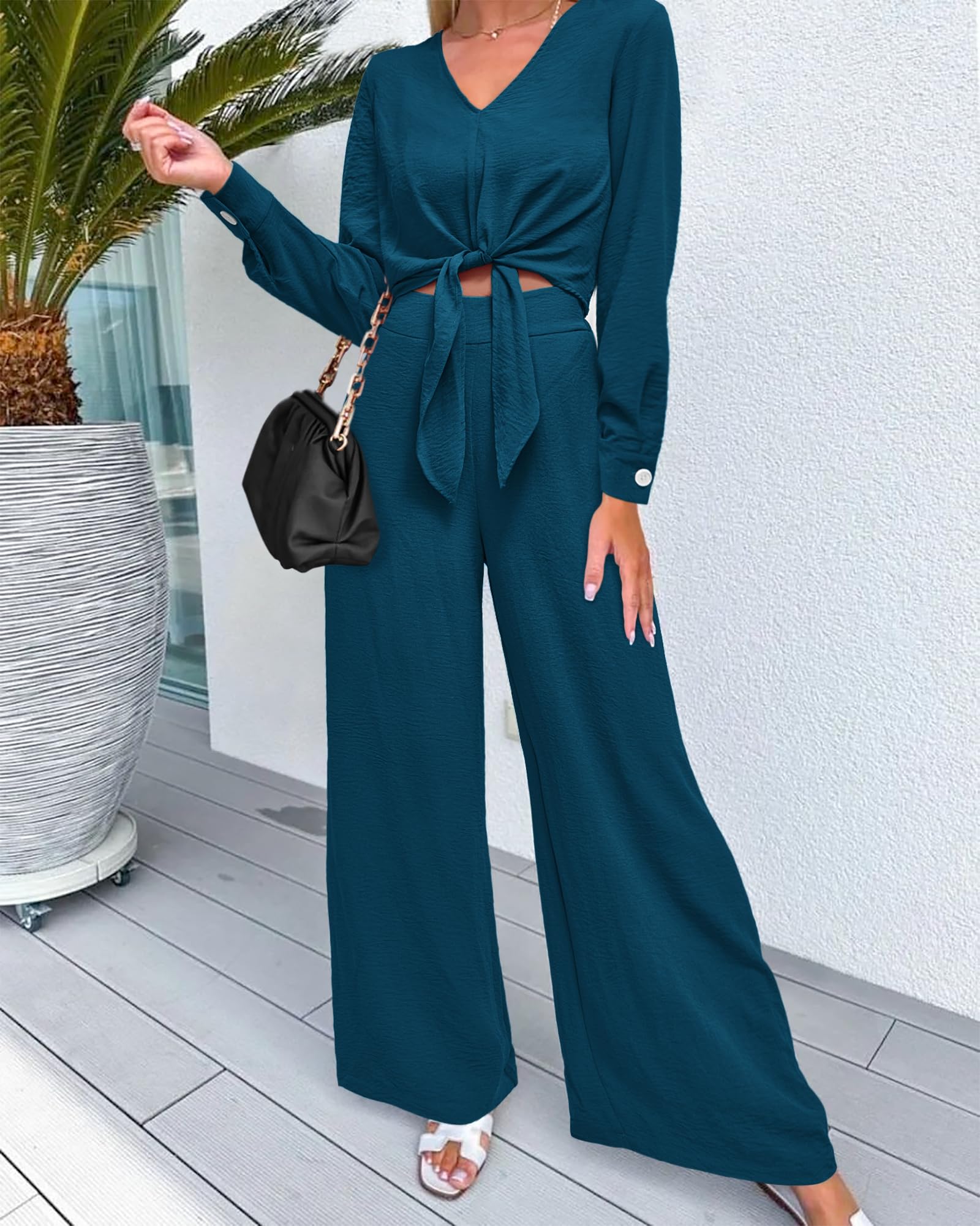 PRETTYGARDEN Women's 2 Piece Outfit Set - 2025 Spring Casual V Neck Long Sleeve Strappy Crop Top with Wide Leg Palazzo Pants | Lounge Wear, Street Fashion, Office Outfit