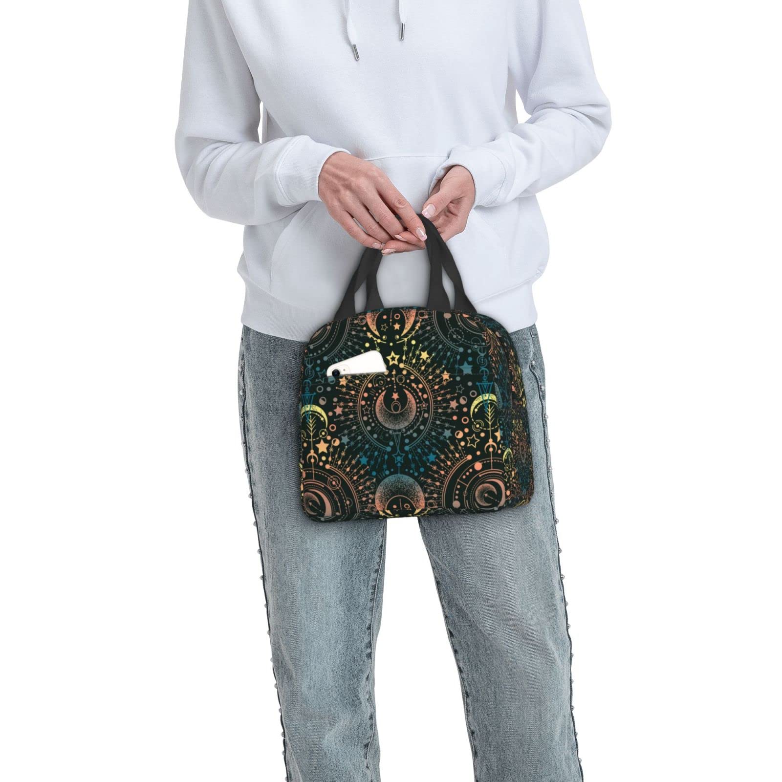 Insulated Waterproof Lunch Bag - Reusable & Portable Lunch Box for Women, Men, Girls & Boys | Astrology Moon Star Design | Perfect for School, Office, Picnics & Outdoor Activities