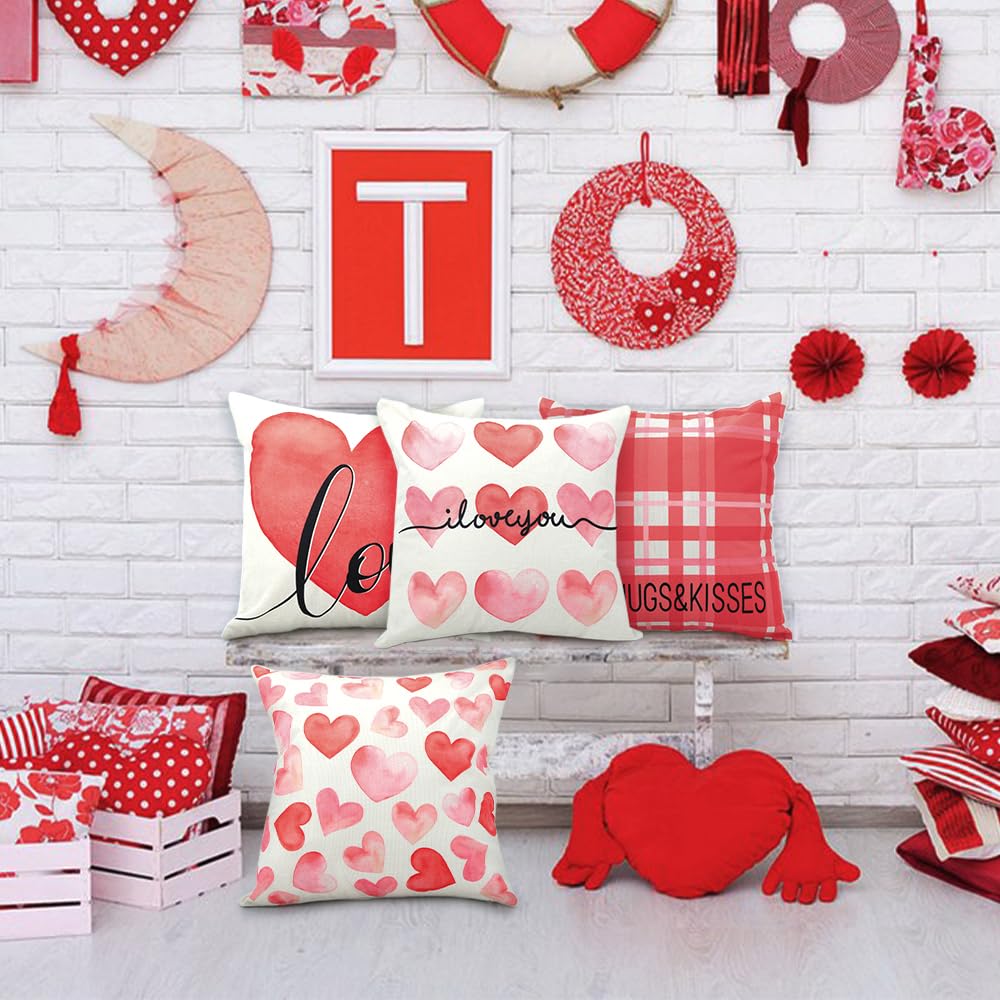4pcs Valentine's Day Heart Pillow Covers 18x18 Inch - Romantic Love Cushion Cases for Sofa, Couch & Home Decor (Perfect for Valentine's Gifts, Anniversary & Couples Bedroom Decor)