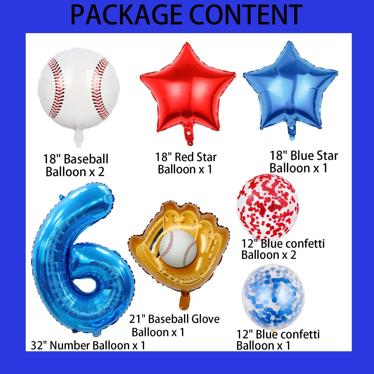 Baseball Balloon Set - 9Pcs Baseball Glove & Number 6 Balloons with Red Blue Stars & Confetti for Boys Birthday Party Decorations | Perfect for Baseball Themed Birthday Parties, Baby Showers, and Sports Decor