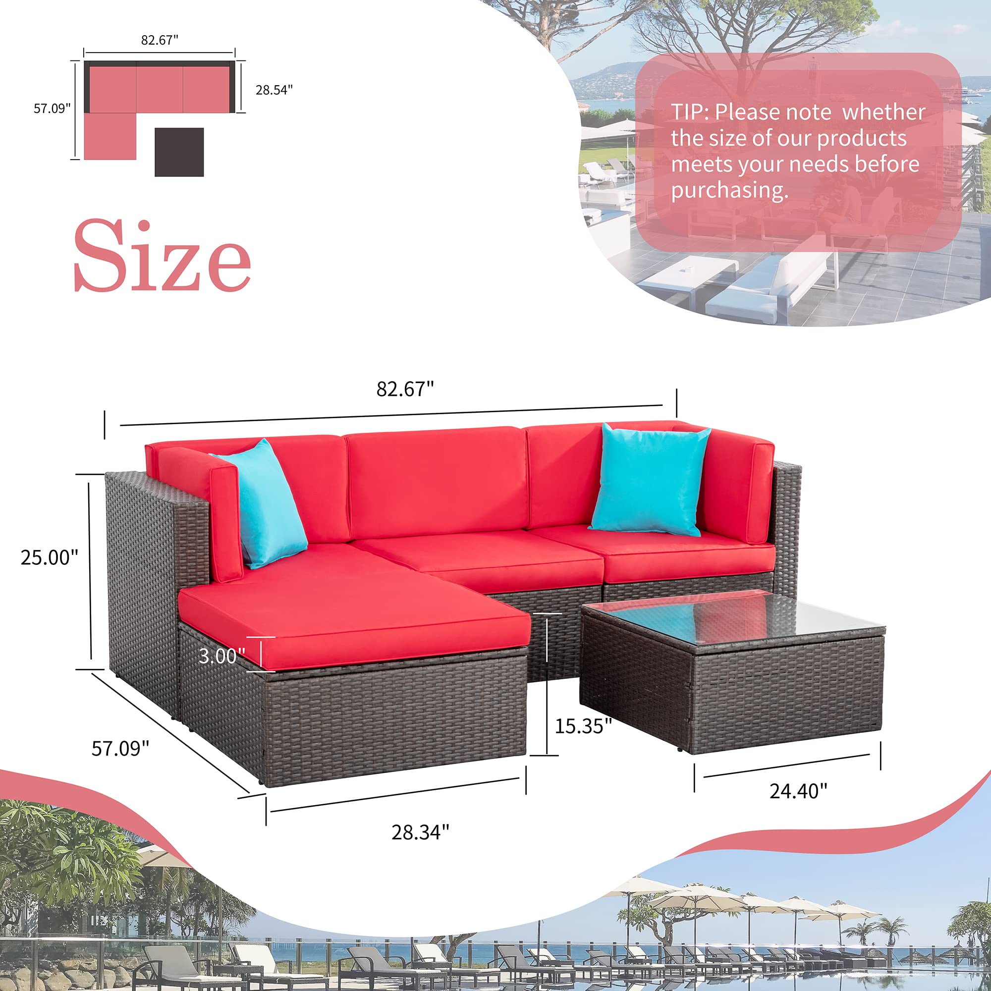 5-Piece All-Weather Outdoor Patio Furniture Set - PE Rattan Sectional Sofa with Glass Coffee Table, Ottoman & Red Cushions - Perfect for Garden, Poolside & Backyard Relaxation