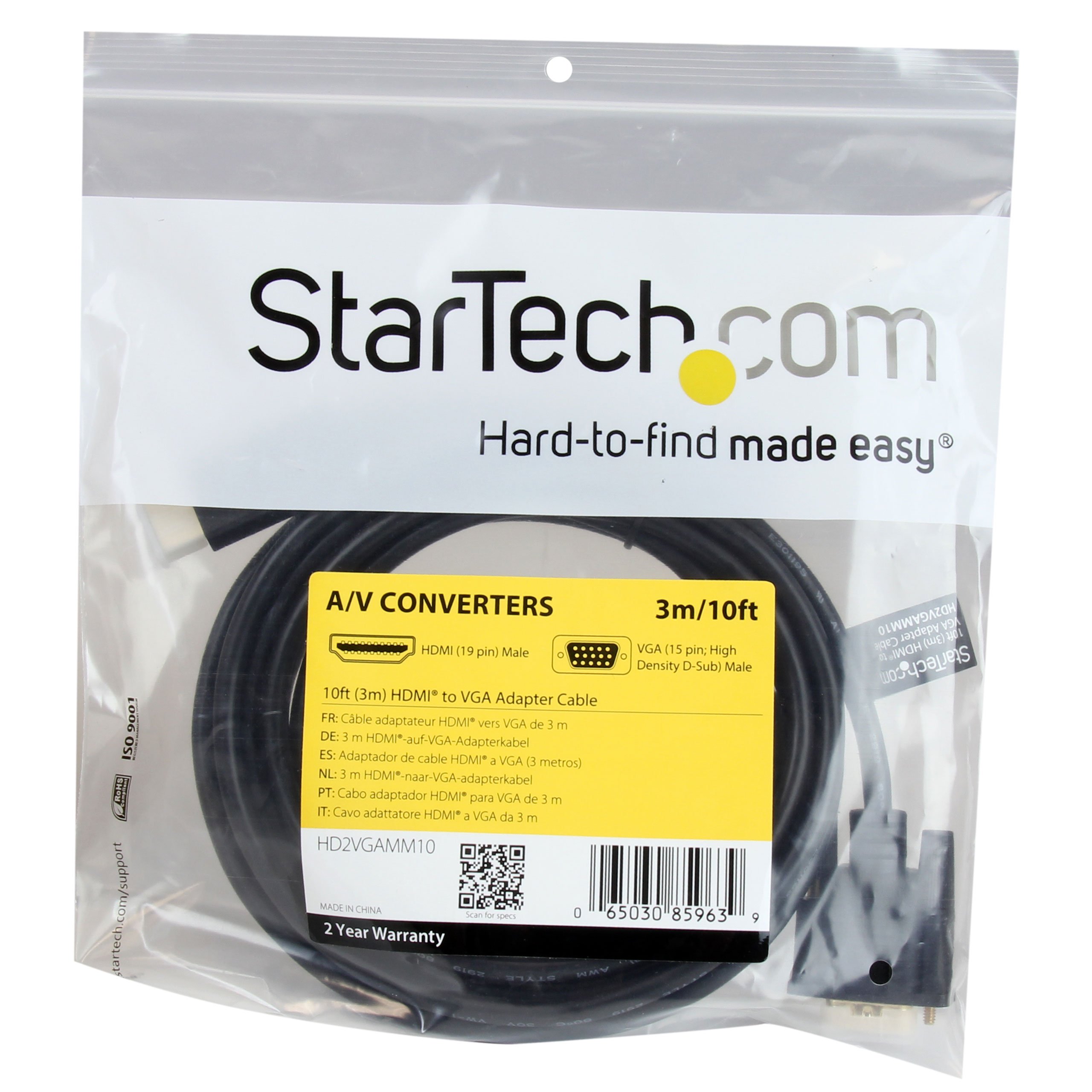 StarTech.com Active HDMI to VGA Cable 10ft (3m) - 1080p Full HD 1920x1200 Resolution - Monitor & Computer Video Adapter - Perfect for Laptop to Monitor, Projector, or TV Connections (HD2VGAMM10)