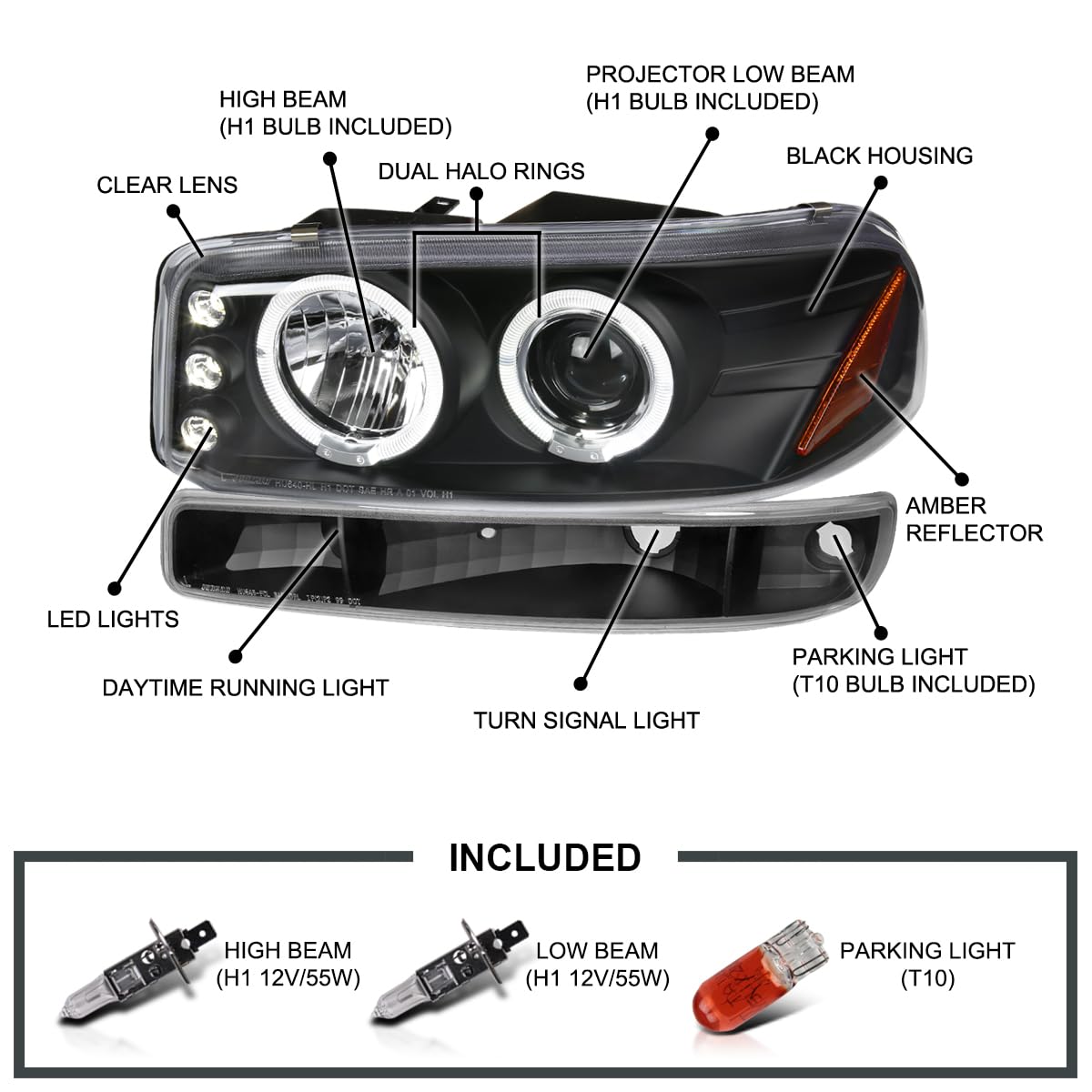 Spec-D Tuning Black Housing Clear Lens LED Halo Projector Headlights with Bumper Lights - Compatible with 1999-2006 GMC Sierra 1500/2500/3500 - Left & Right Pair Headlight Assembly - Upgrade for Night Driving & Off-Road Adventures