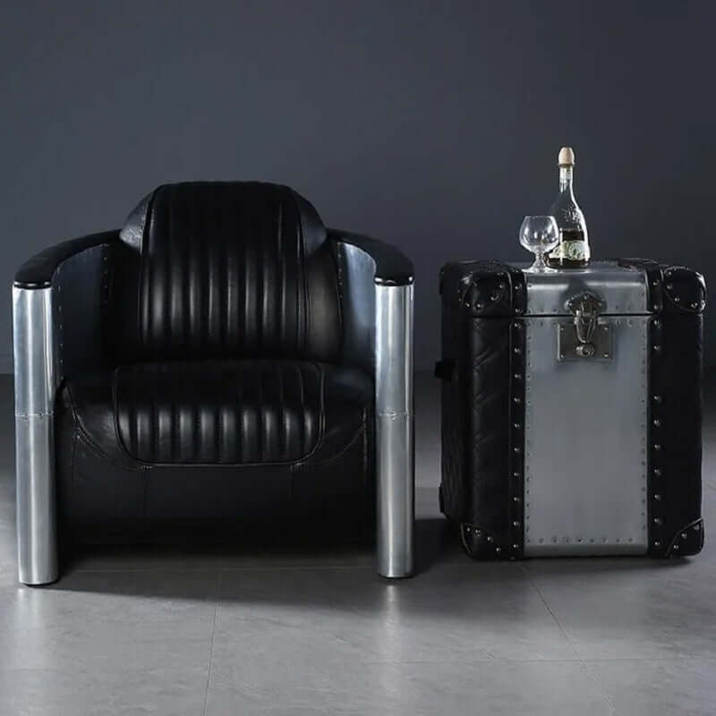 Industrial Loft Style Black Barrel Accent Chair - Genuine PU Leather Upholstered Modern Lounge Chair for Living Room, Office or Reading Nook