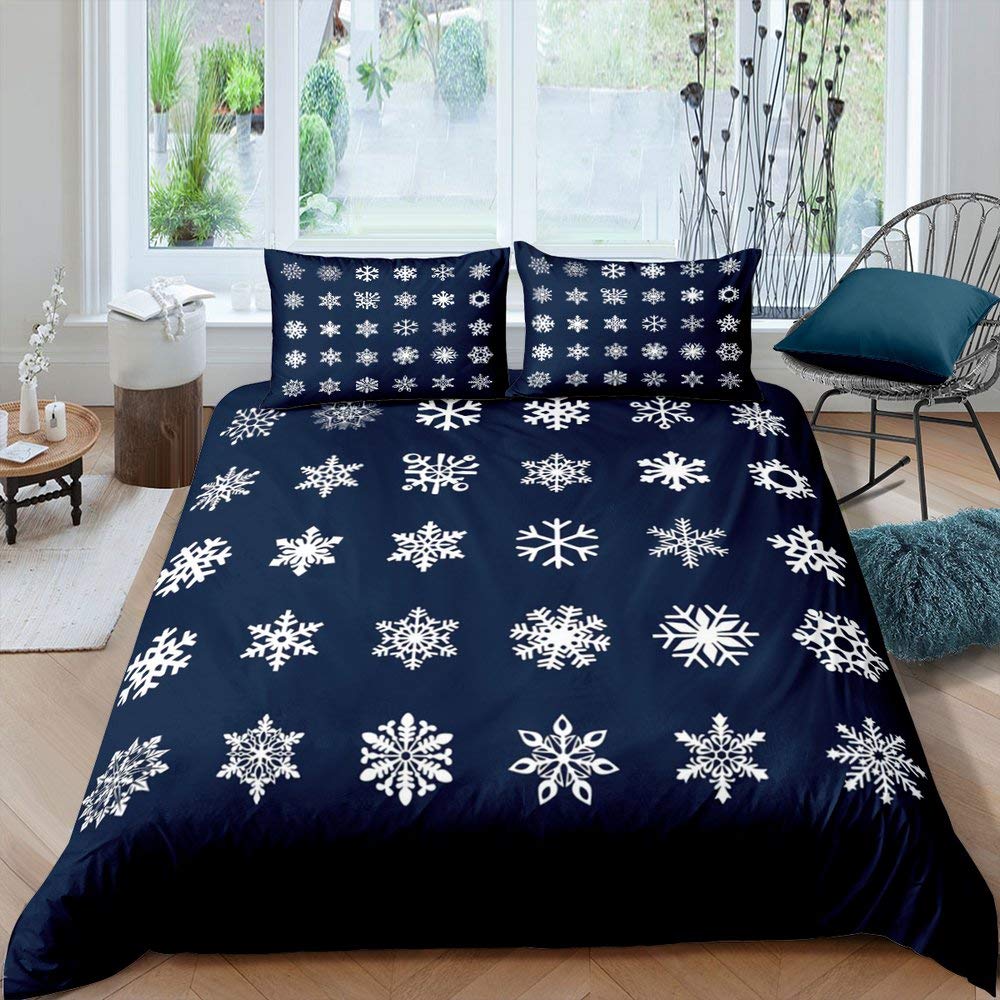 Snowflake Comforter Cover Twin Size Winter Navy Blue Bedding Set - Ice Fog Duvet Cover for Boys & Girls, 2-Piece Quilt Cover Set - Cozy Bedroom Decor for Cold Weather & Kids Room
