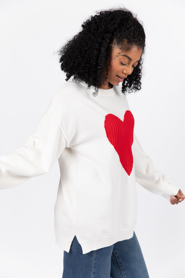 Heart Cable Knit Sweater in Ivory & Red - Cozy Winter Pullover for Women | Perfect for Christmas, Valentine's Day & Casual Outfits