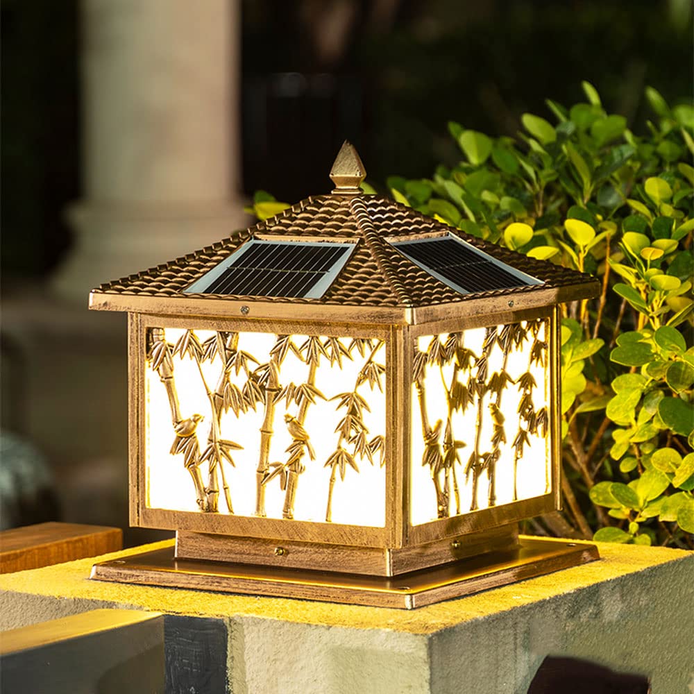 Solar Powered Outdoor Post Cap Lights - Dusk to Dawn Sensor, Bamboo Design Pole Lantern with Frosted Acrylic Shade - Vintage Chinese Style Pillar Lights for Patio, Garden, Walkway & Driveway Decoration - Perfect for Evening Ambience and Landscape Lighting