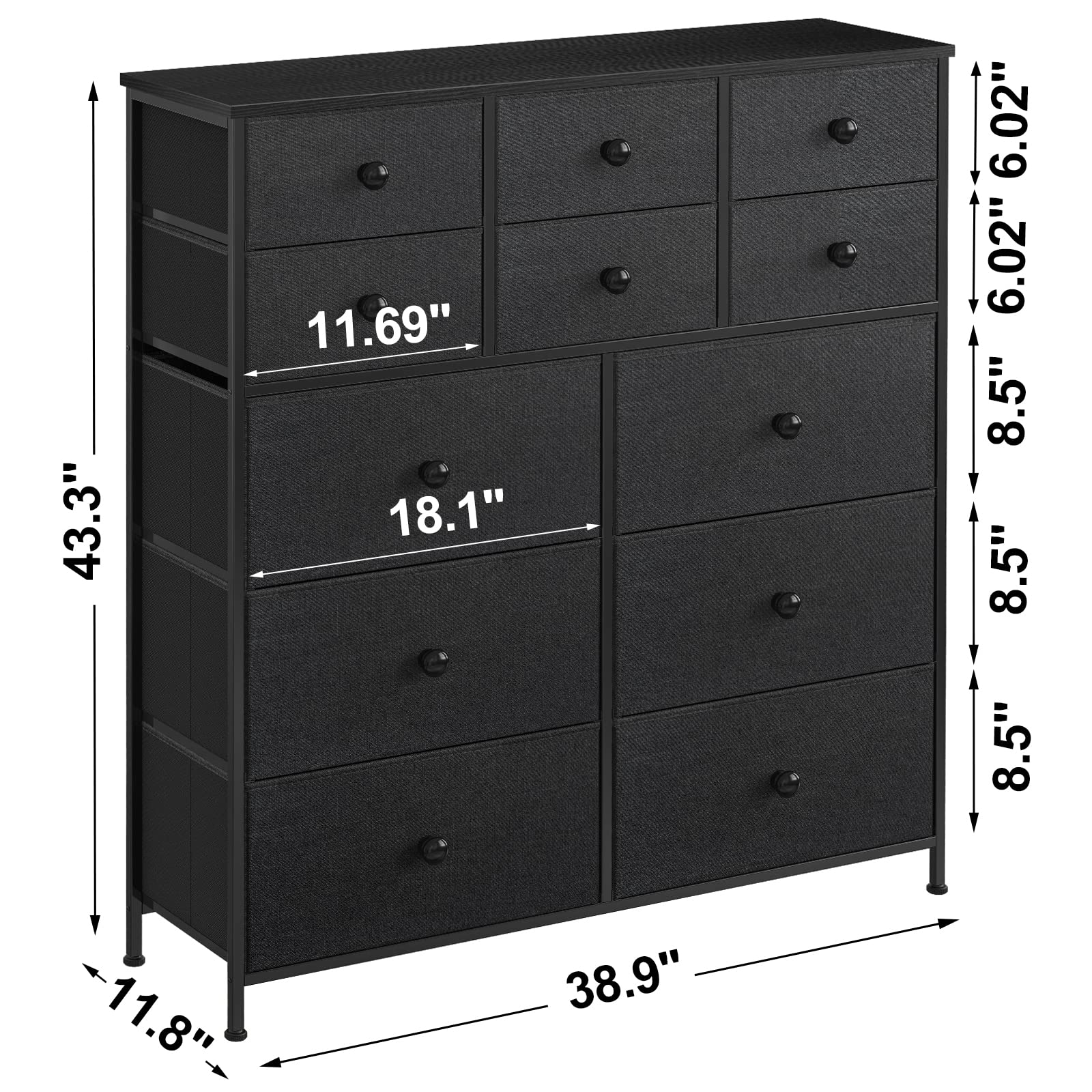 REAHOME 12-Drawer Dresser for Bedroom - Steel Frame & Wooden Top Large Capacity Storage Organizer - Black Grey - Perfect for Bedroom, Living Room, Entryway & Office Organization