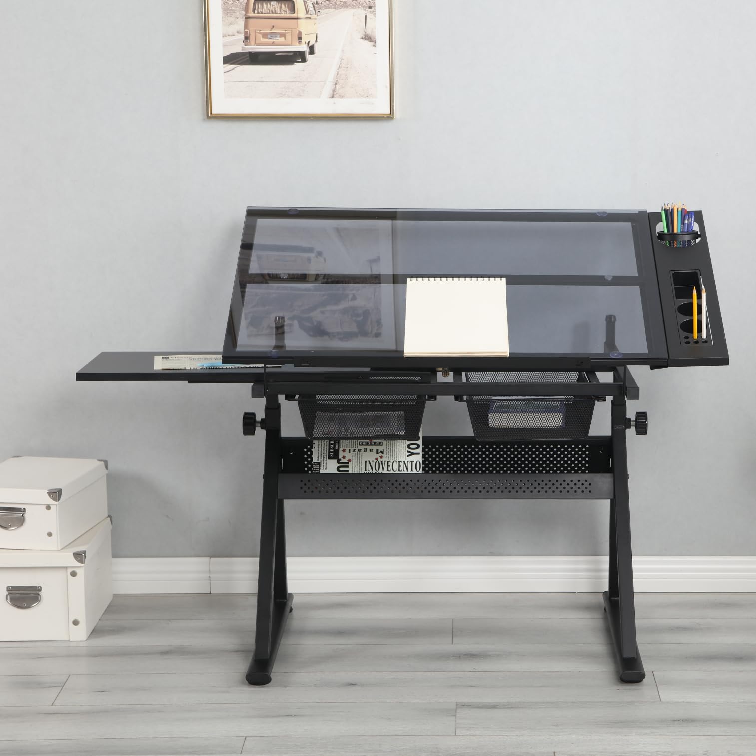 Height Adjustable Glass Drafting Table with Stool - Tiltable Art Drawing Desk with Storage for Office, School & Studio | Perfect for Artists, Architects & Designers | Ergonomic Workspace Solution for Sketching, Drafting & Creative Projects