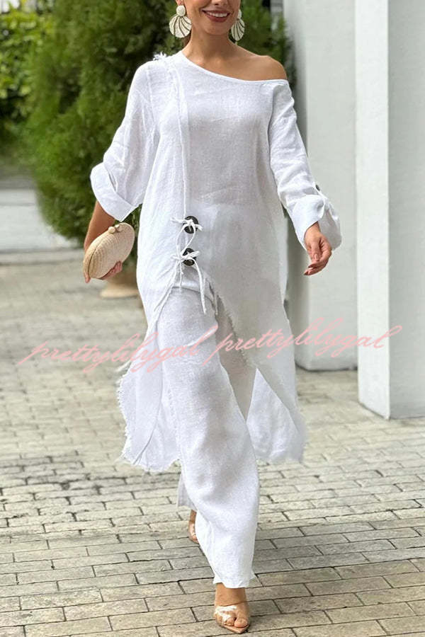 Tehla Linen Blend Ring Tie Up Detail Midi Blouse & Elastic Waist Pocketed Loose Pants Set - Women's Casual Outfit for Summer, Beach, and Office Wear