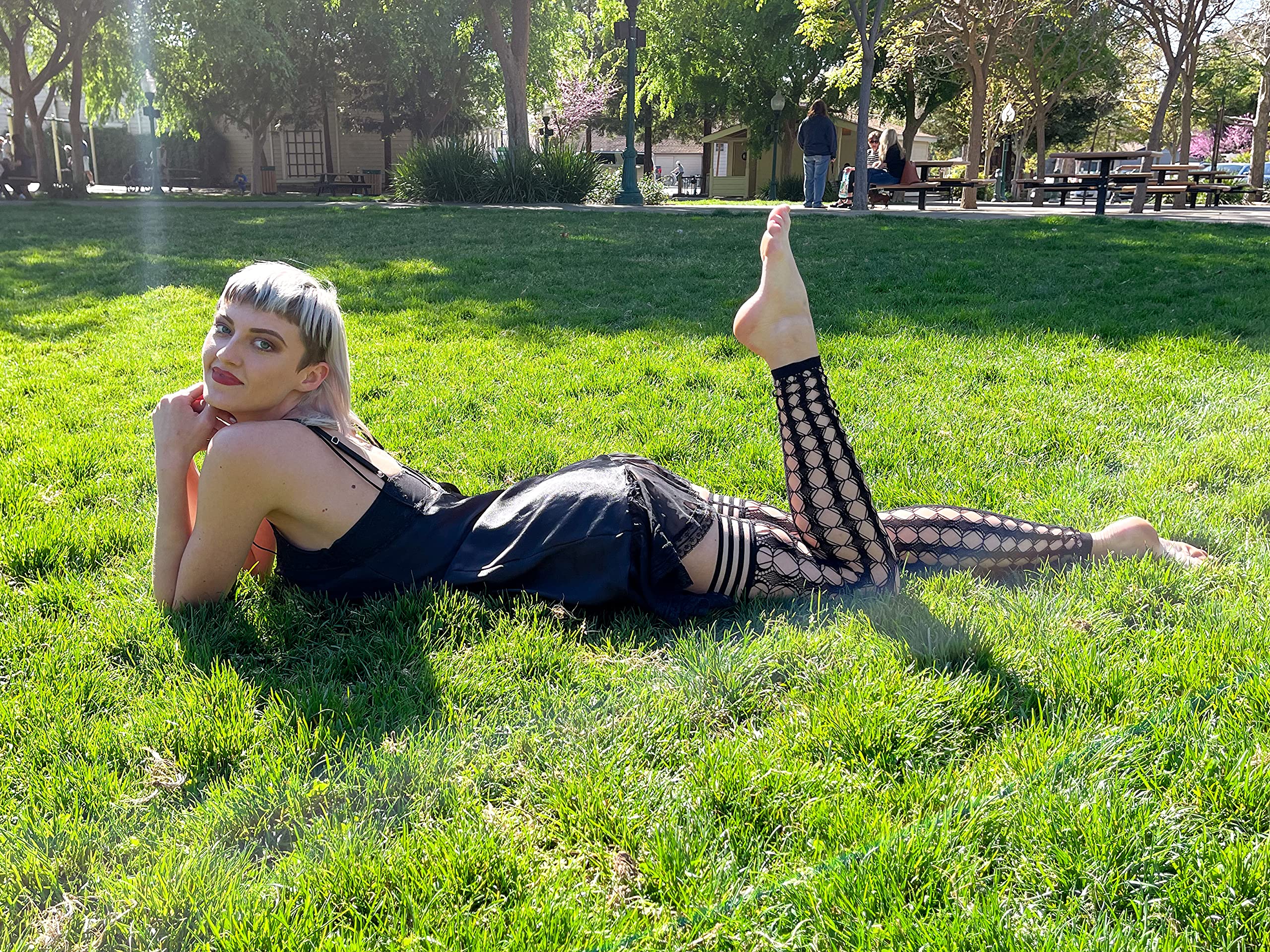 Kix'ies Thigh High Stockings for Women - No Slip Grip Stay Up Thigh Bands, Sexy Lingerie & Hosiery (Black Circle Fishnet Footless Style 1340A) - Perfect for Date Nights, Cosplay & Fashion Outfits