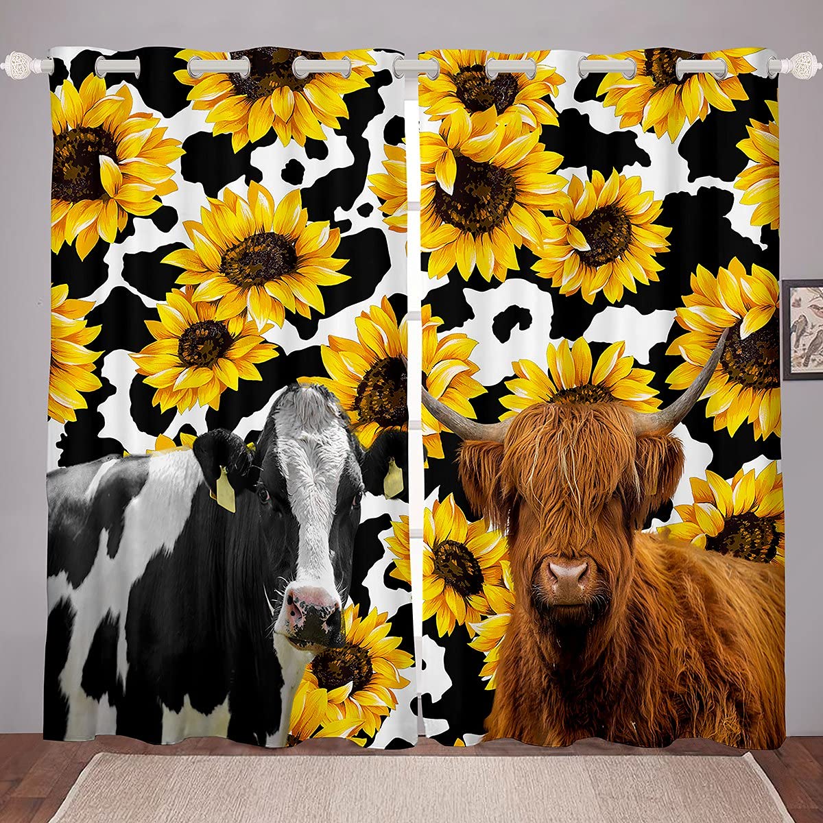 Highland Cow Pattern Window Curtains - Sunflower & Western Cow Skin Design Blackout Drapes for Bedroom, Living Room, Nursery (38x54 Inches, 2 Panels) - Perfect for Farmhouse Decor, Kids Room & Western Theme Interior Design