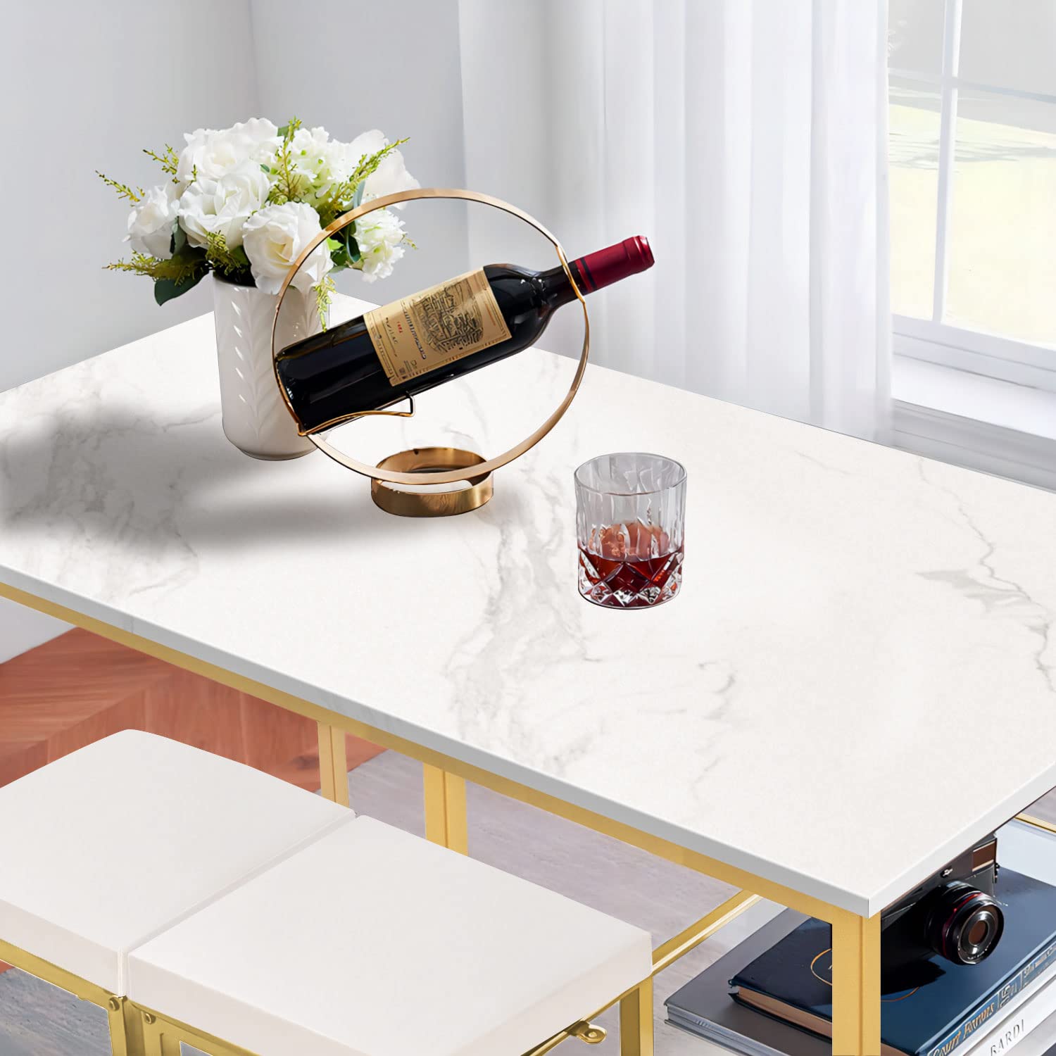 Modern 3-Piece Bar Table Set with 2 PU Stools & Storage Shelves - Counter Height Pub Dining Table for Small Spaces - Perfect for Kitchen, Breakfast Nook & Apartment Entertaining