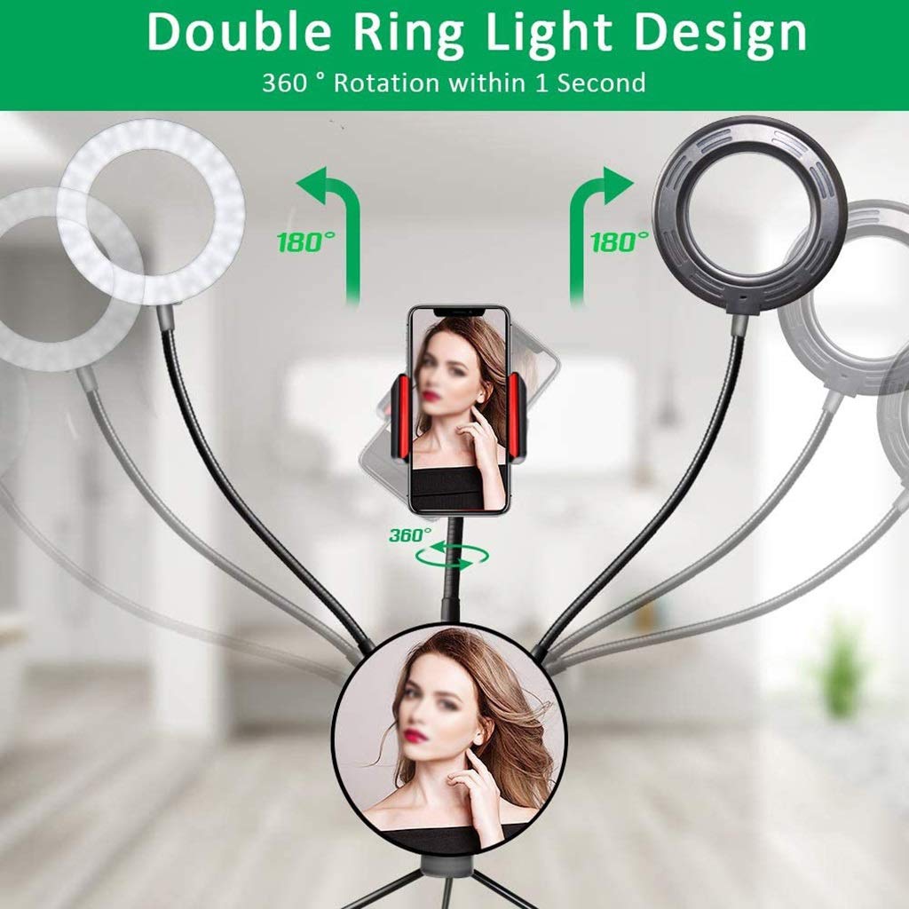 QFFL Dimmable Double LED Ring Light with Tripod Stand, Phone Holder & Makeup Mirror - Perfect for Live Streaming, Photography, YouTube Videos, TikTok Content Creation and Makeup Application