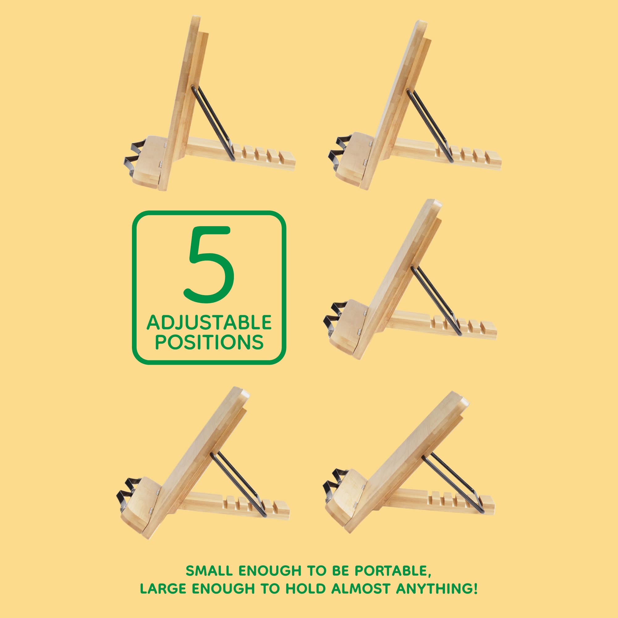 BambooMN Universal Adjustable Book Stand - Foldable & Portable for Cookbooks, Reading, Sheet Music, Tablets & Phones - 5-Position Tilt - Perfect for Kitchen, Office & Study (10-Pack)