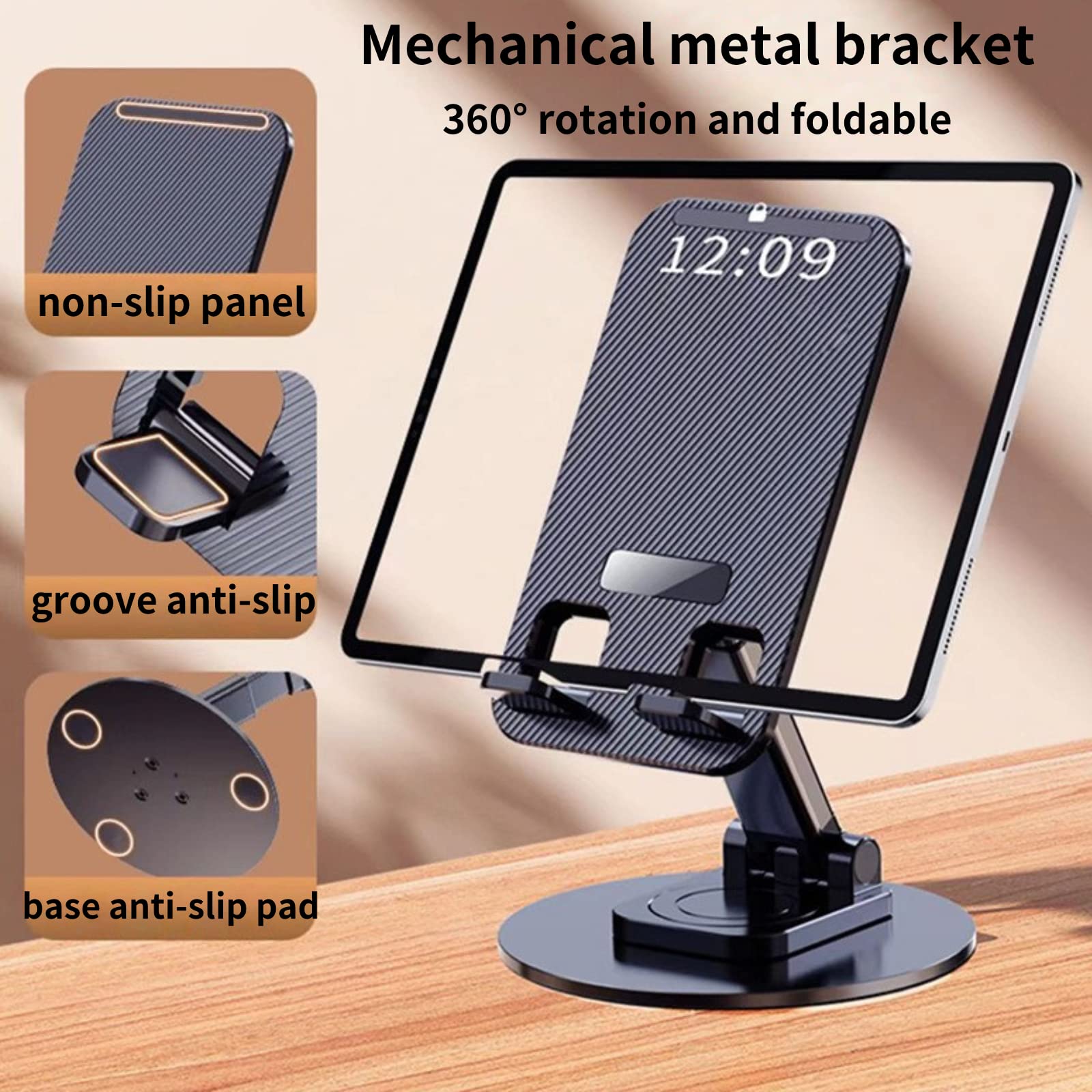 Portable Aluminum Foldable Phone Stand Holder with 360° Rotating Base - Adjustable Height & Angle - Perfect for Home Office, Video Calls, Watching Movies & Hands-Free Use (Compatible with All Smartphones)