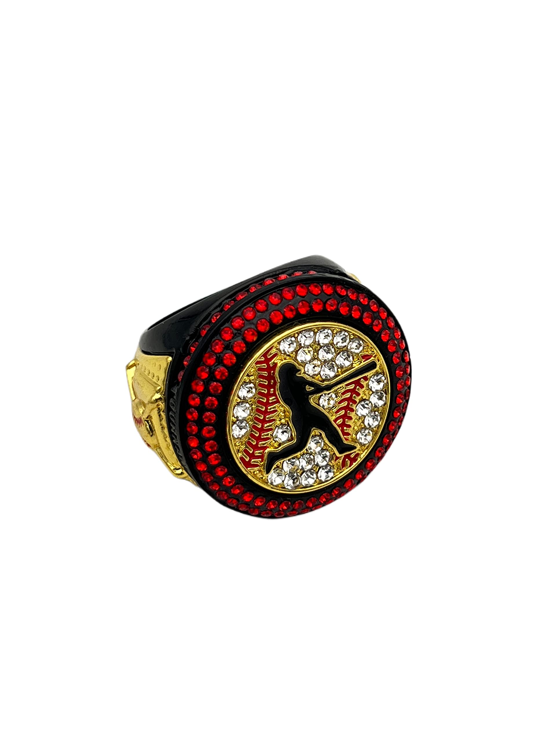 Discount Sports Rings - Deluxe Batter Ring BLACK CHAMPION with RED STONES | Premium Softball & Baseball Tournament Rings (Size 28-12) in Clear Gold Finish | Perfect for Championship Celebrations, Team Awards & Player Gifts
