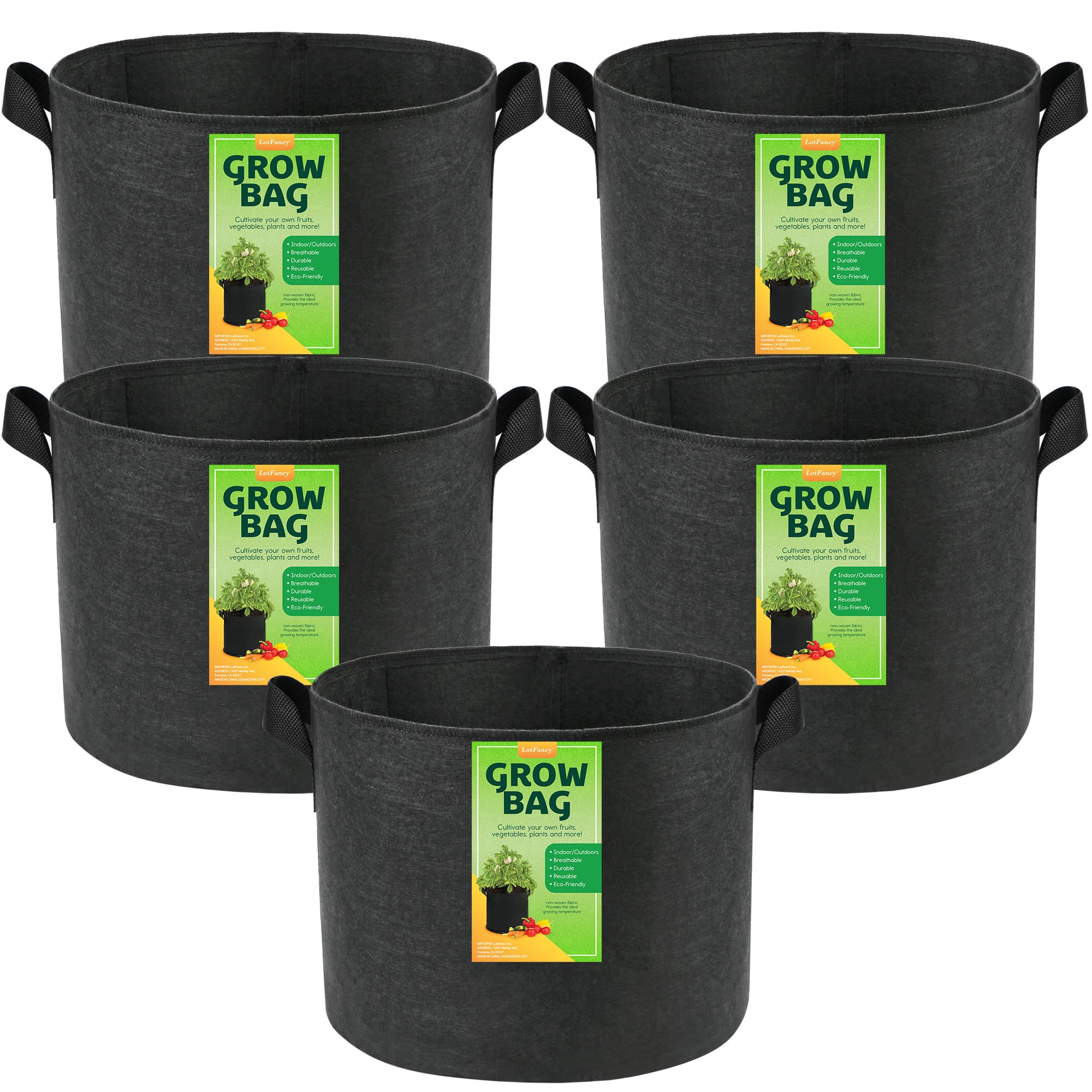 LotFancy 5-Pack 20 Gallon Thickened Nonwoven Fabric Grow Bags with Reinforced Handles - Heavy Duty Aeration Plant Pots for Vegetables, Flowers, Fruits - Ideal for Gardening, Urban Farming & Container Planting (Black)