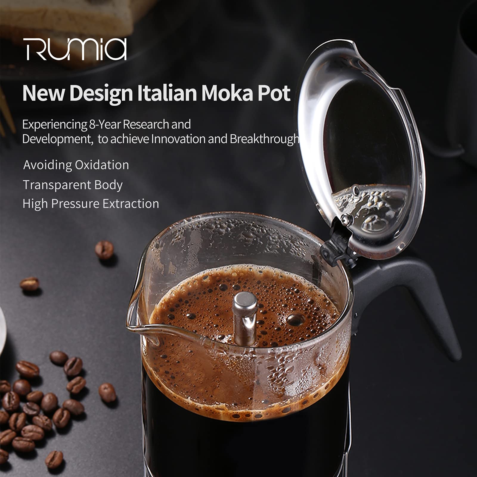 Rumia Stainless Steel & Glass Stovetop Moka Pot - Classic Italian Style Espresso Maker for Home & Office - Easy to Use & Clean 6 Cup Coffee Maker - Perfect for Camping, Gifts & Daily Brewing