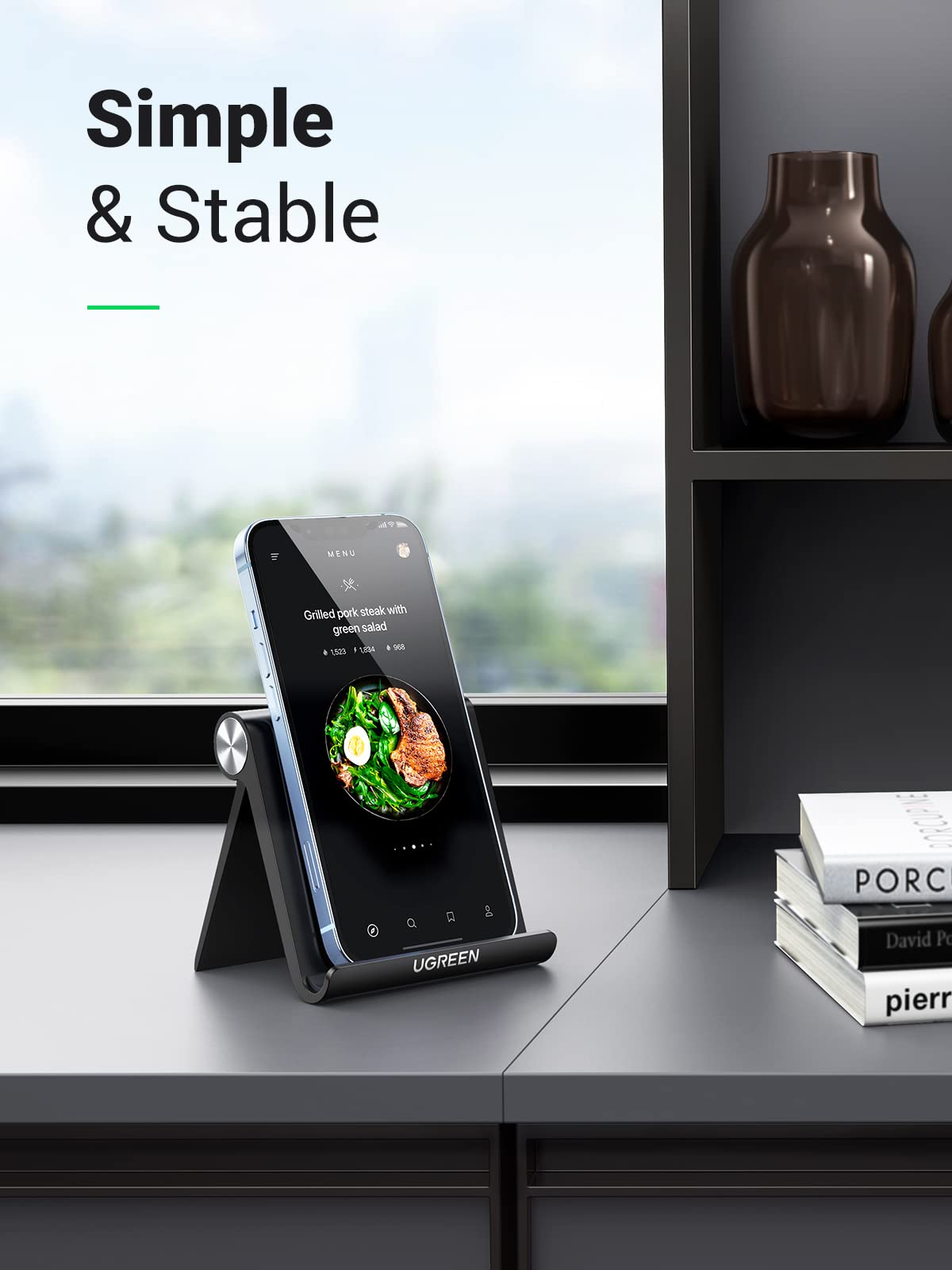 UGREEN Foldable Adjustable Phone Stand Holder - Compatible with iPhone 16/15/14/13 Pro Max, 12/11/SE/XS/XR/8/7 - Portable Desk & Travel Accessories (Black) | Perfect for Office Work, Video Calls, Watching Movies & Hands-Free Browsing