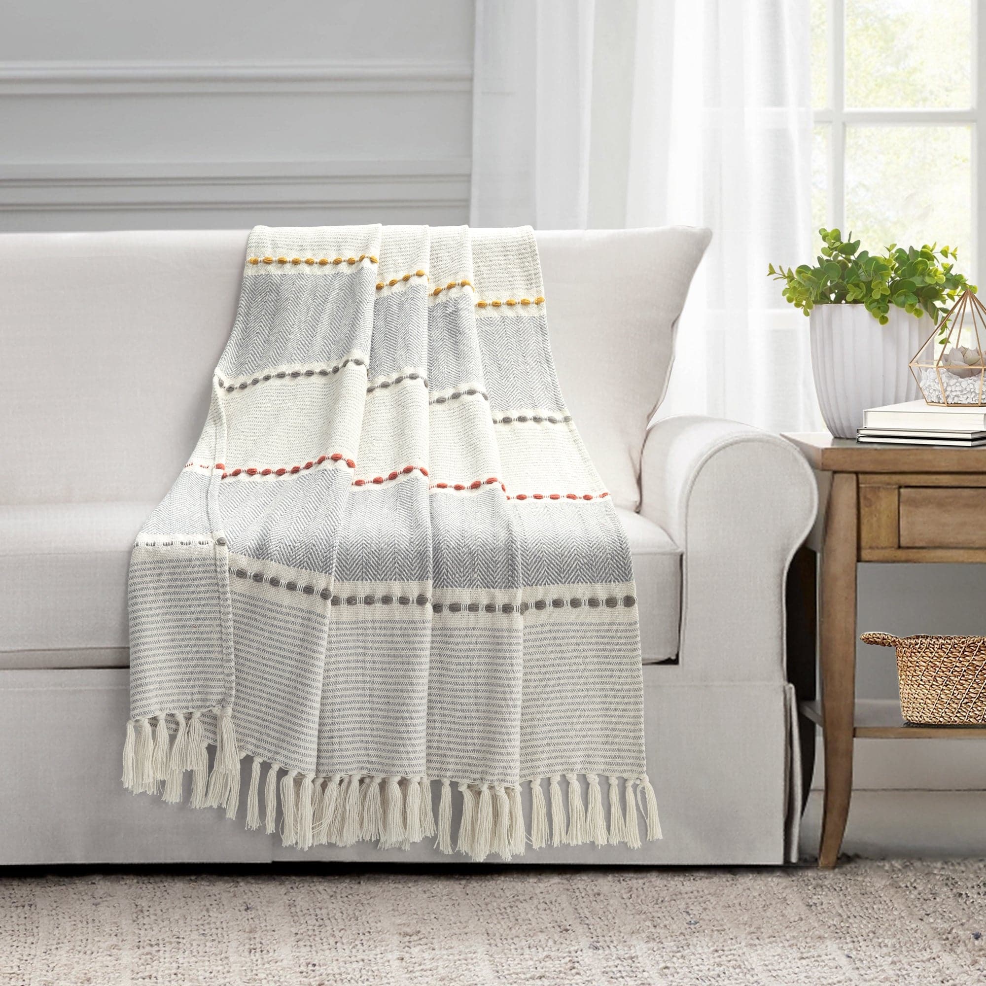 Herringbone Stripe Yarn-Dyed Cotton Woven Tassel Throw Blanket - Soft & Cozy Decorative Couch Cover for Living Room, Bed, Sofa