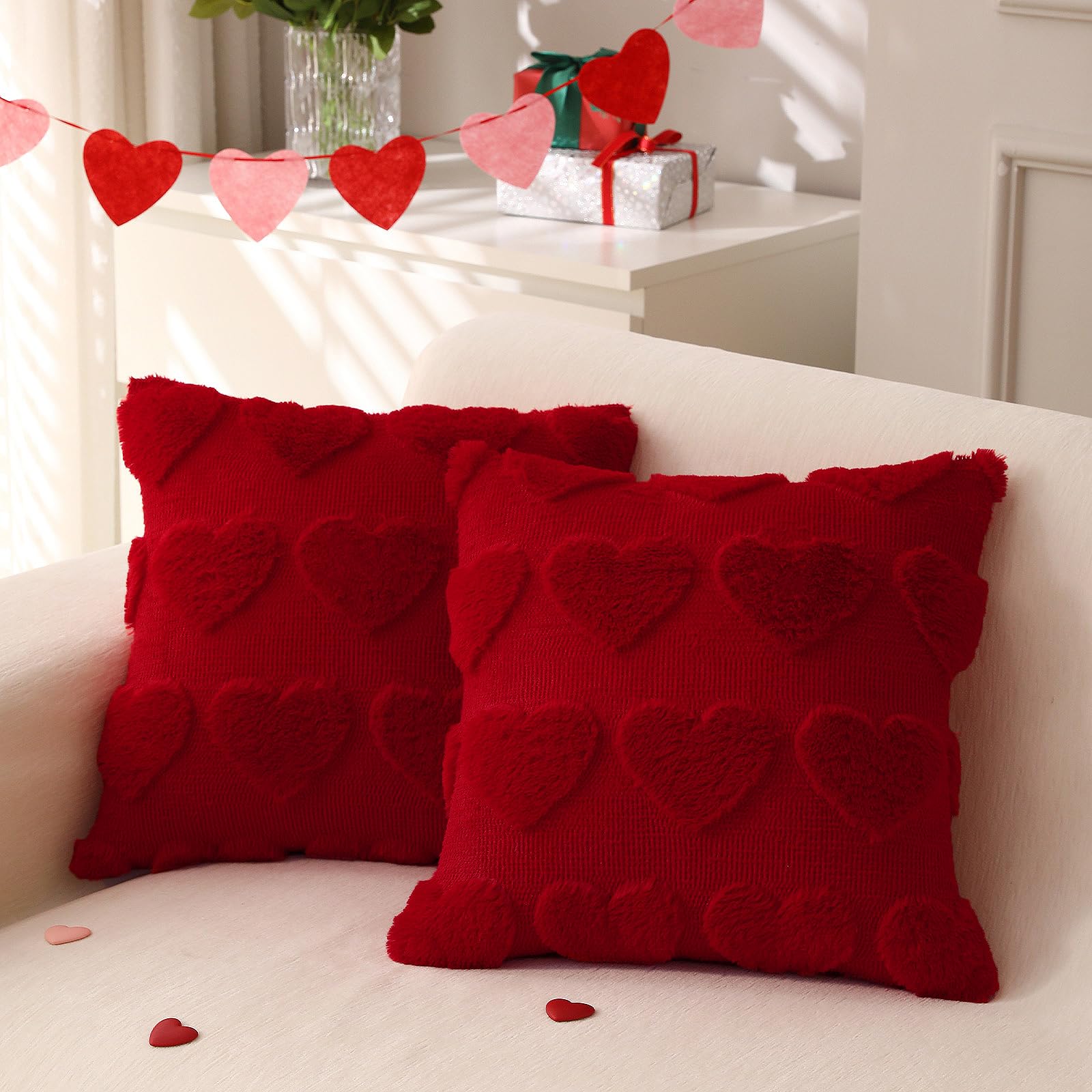 Valentine's Day Throw Pillow Covers 18x18 Inch Set of 2 - Soft Plush Faux Fur Heart-Shaped Decorative Pillow Cases for Couch, Sofa, Living Room & Bedroom Decor - Perfect for Romantic Home Decor, Anniversary Gifts & Cozy Winter Accents