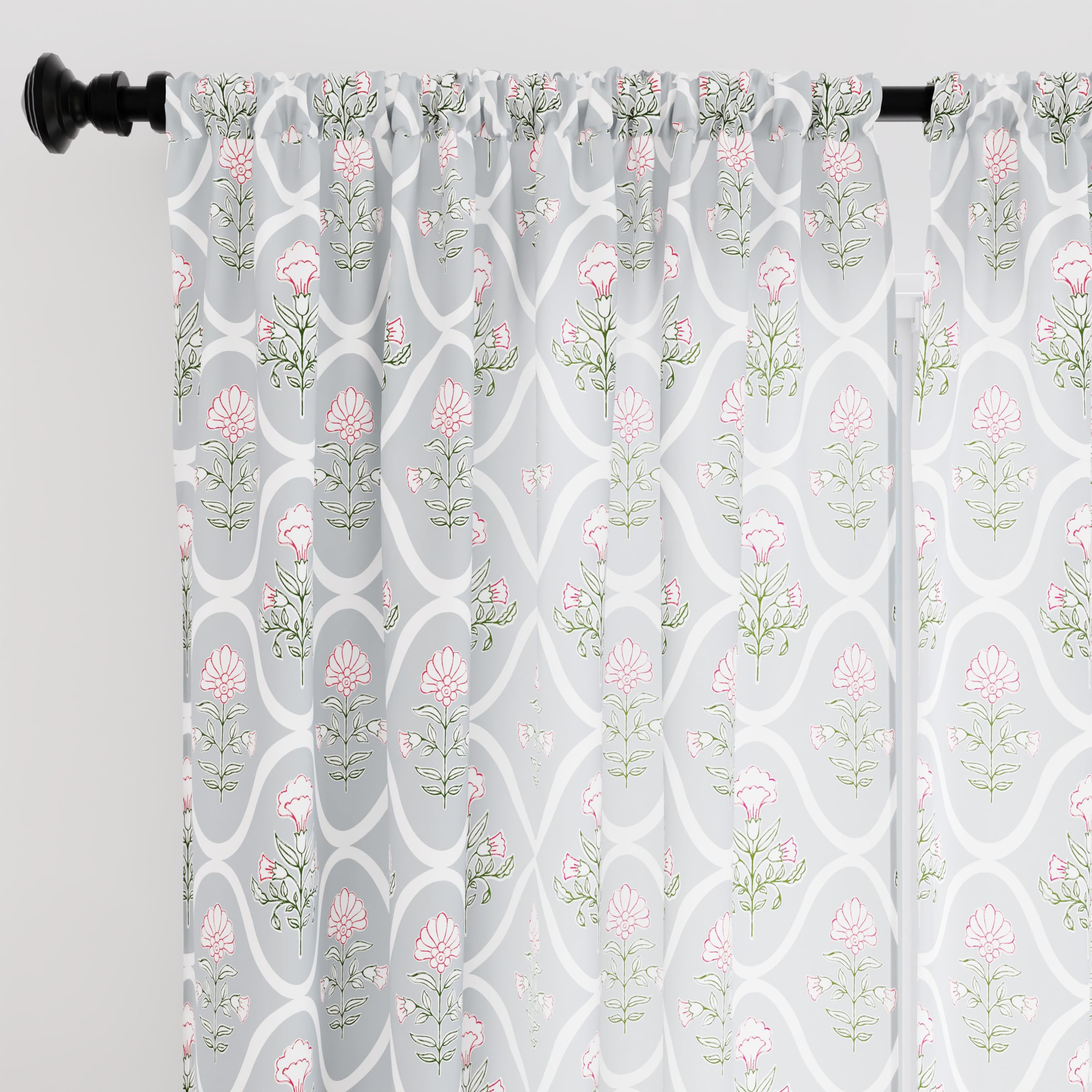 Encasa XO Semi-Sheer Wide Rod Pocket Printed Polyester Curtains with Tie Back - 55
